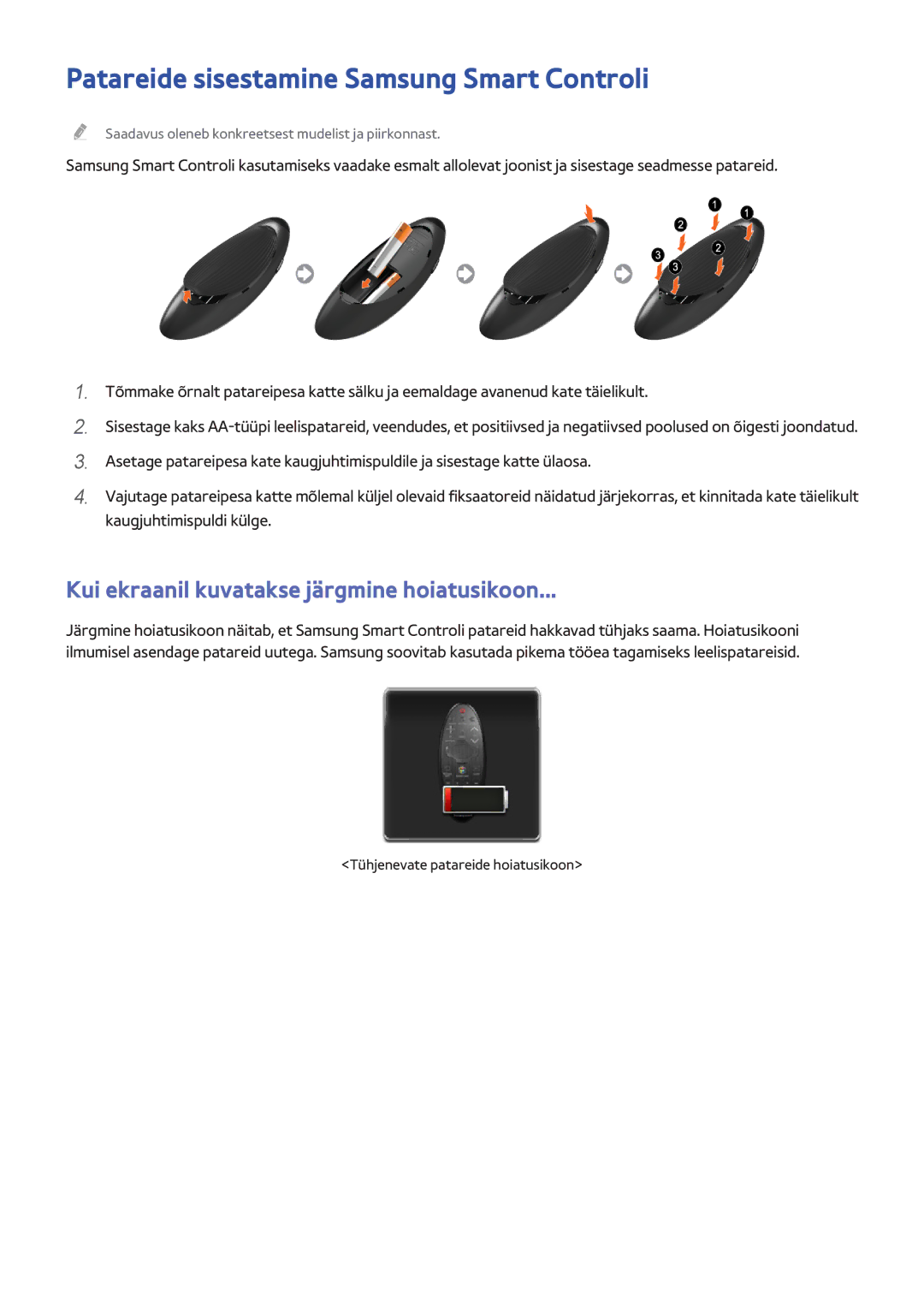 Samsung UE40H5500AKXXH manual Patareide sisestamine Samsung Smart Controli, Kui ekraanil kuvatakse järgmine hoiatusikoon 