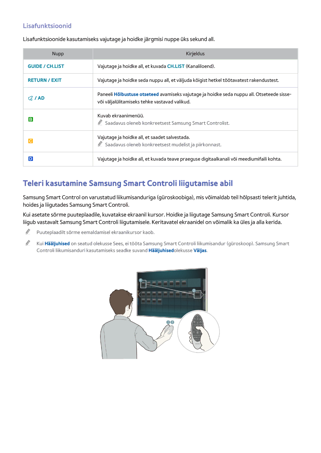 Samsung UE55H6670SLXXH, UE22H5610AWXXH manual Teleri kasutamine Samsung Smart Controli liigutamise abil, Lisafunktsioonid 