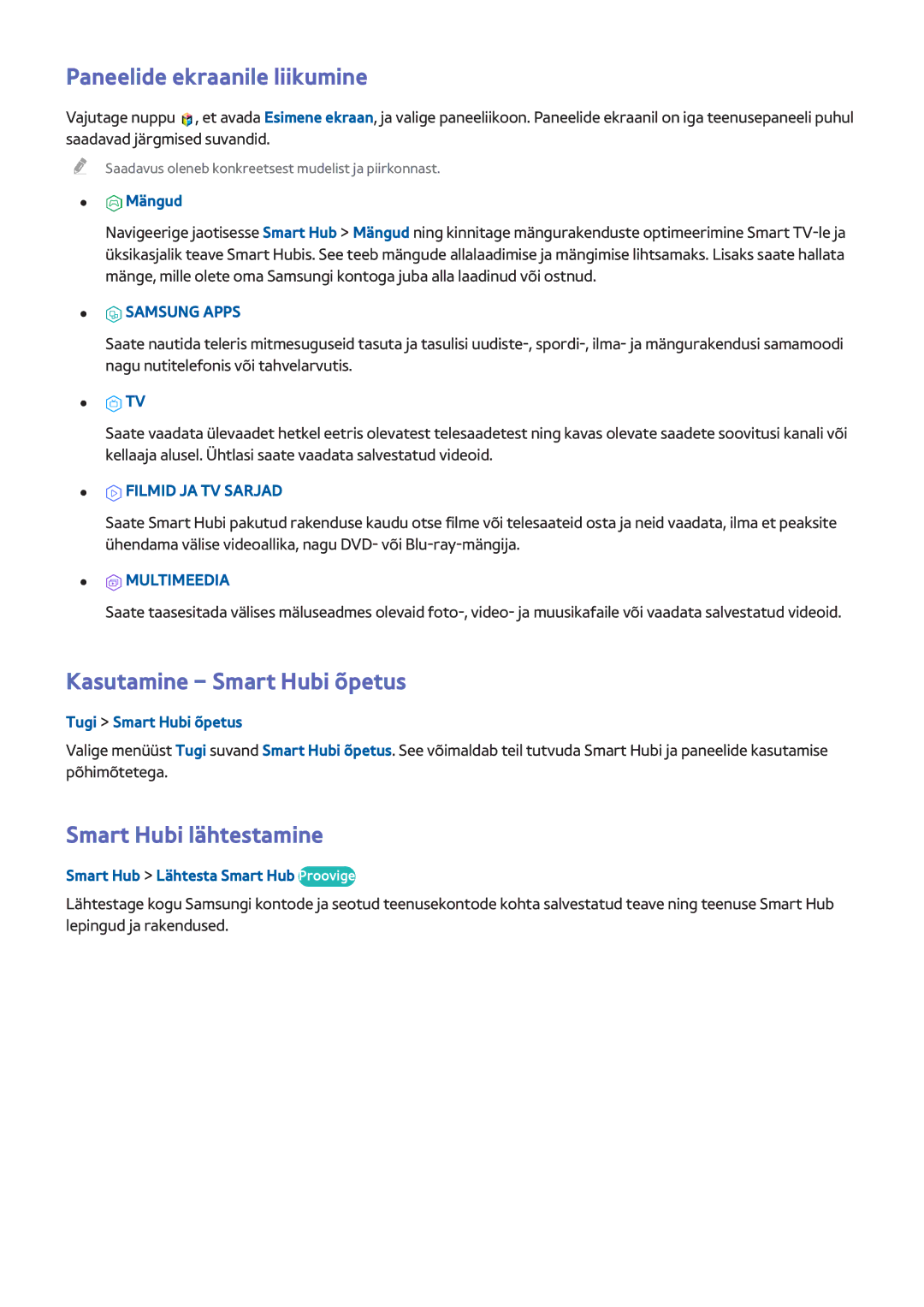 Samsung UE32H6410SSXXH manual Paneelide ekraanile liikumine, Kasutamine Smart Hubi õpetus, Smart Hubi lähtestamine 