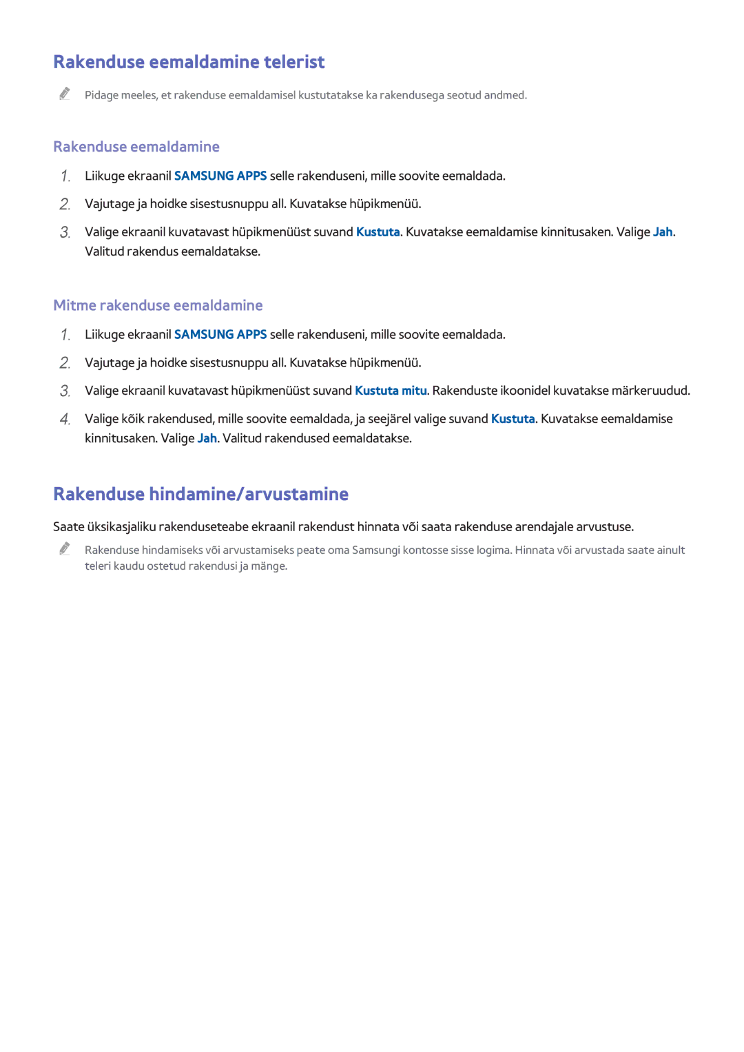 Samsung UE40H6500STXXH manual Rakenduse eemaldamine telerist, Rakenduse hindamine/arvustamine, Mitme rakenduse eemaldamine 