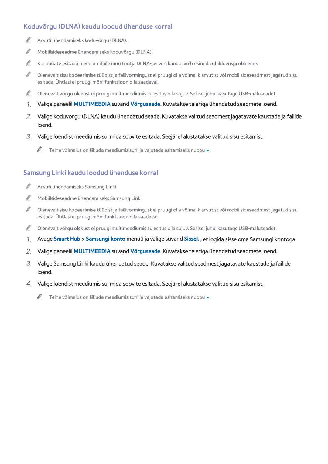Samsung UE65H6400AKXXH manual Koduvõrgu Dlna kaudu loodud ühenduse korral, Samsung Linki kaudu loodud ühenduse korral 