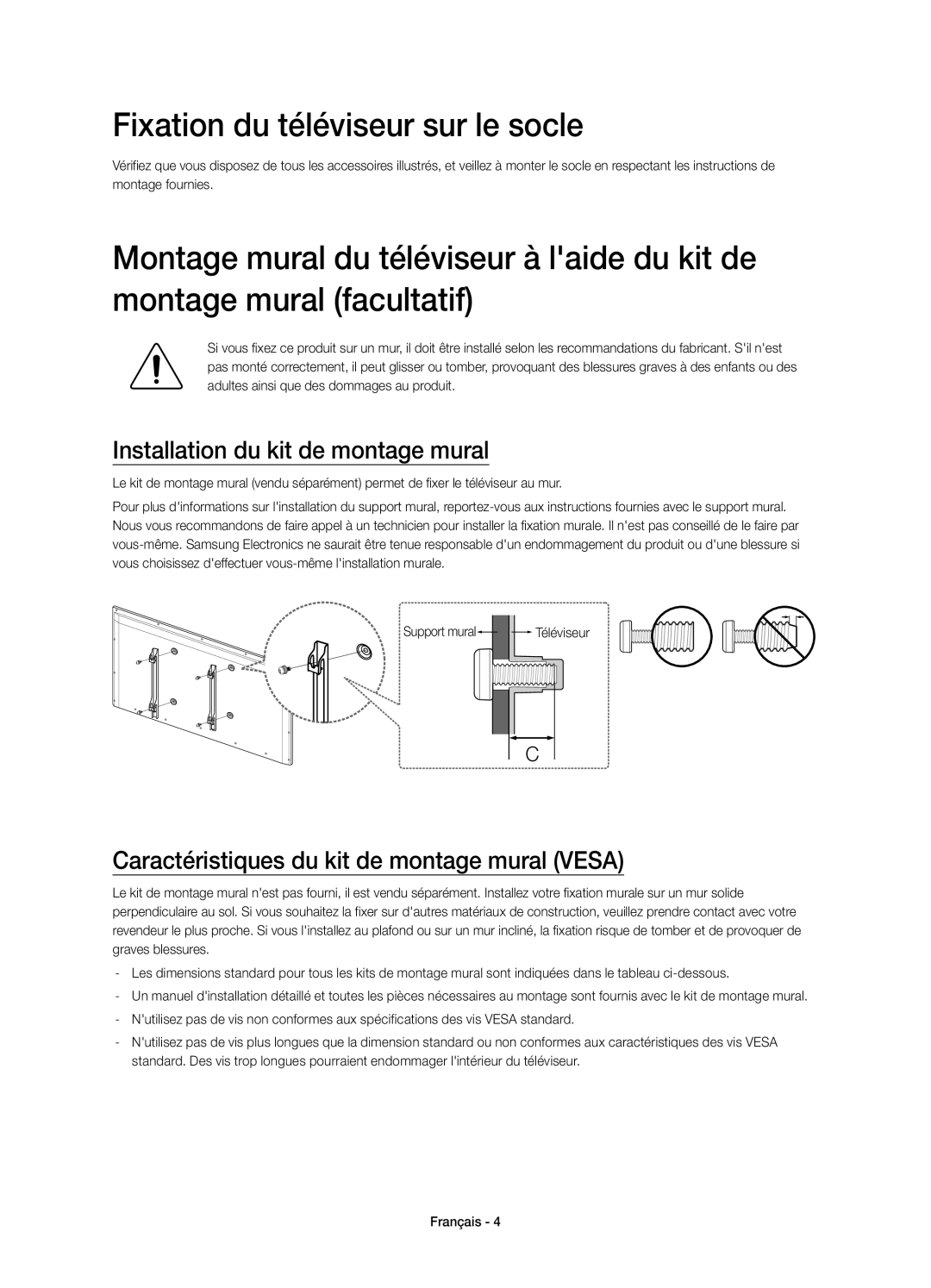 Samsung UE22H5610AWXZF, UE22H5600AWXZF manual Fixation du téléviseur sur le socle, Installation du kit de montage mural 