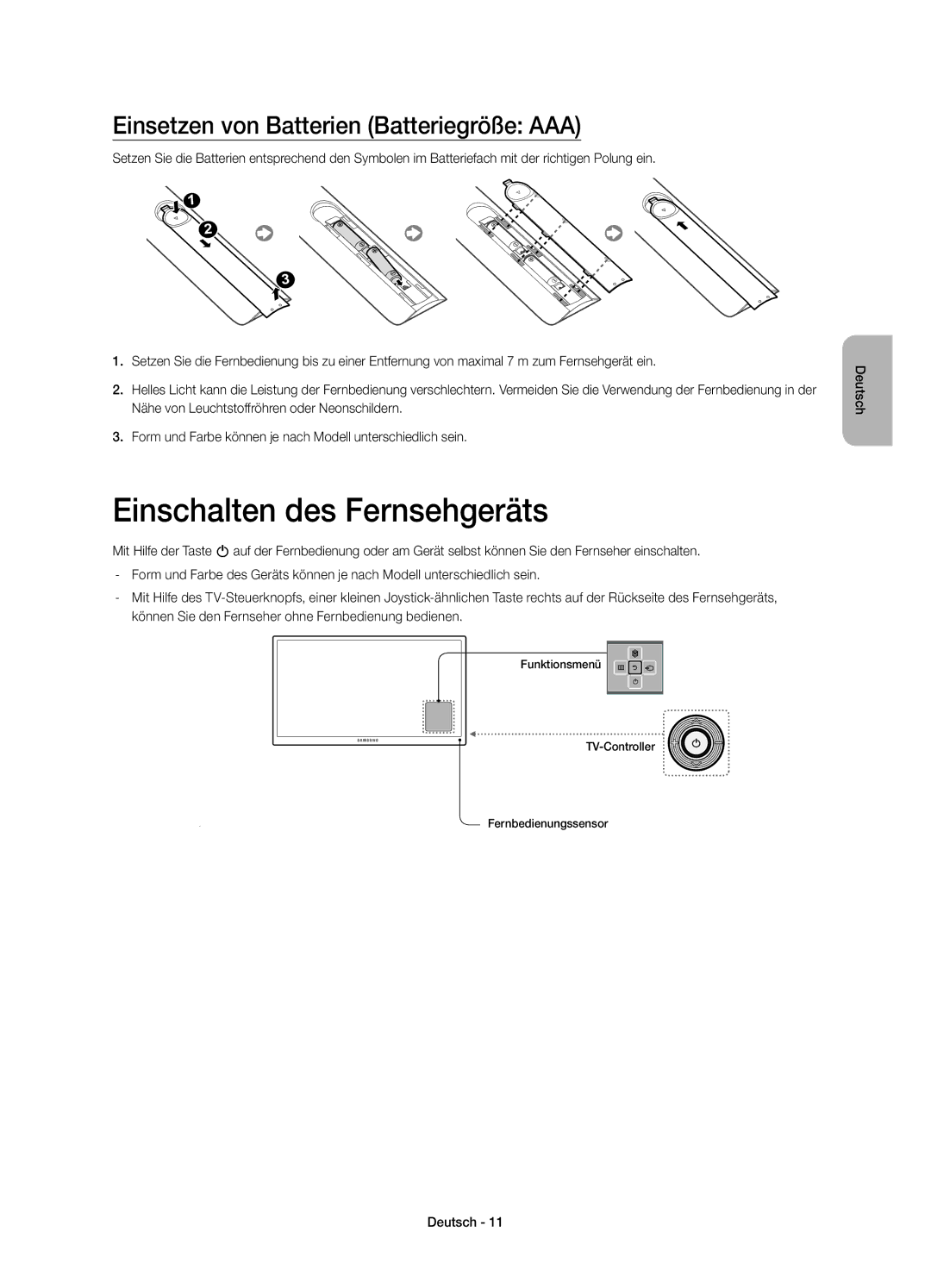 Samsung UE22H5600AWXZF, UE22H5610AWXZF manual Einschalten des Fernsehgeräts, Einsetzen von Batterien Batteriegröße AAA 