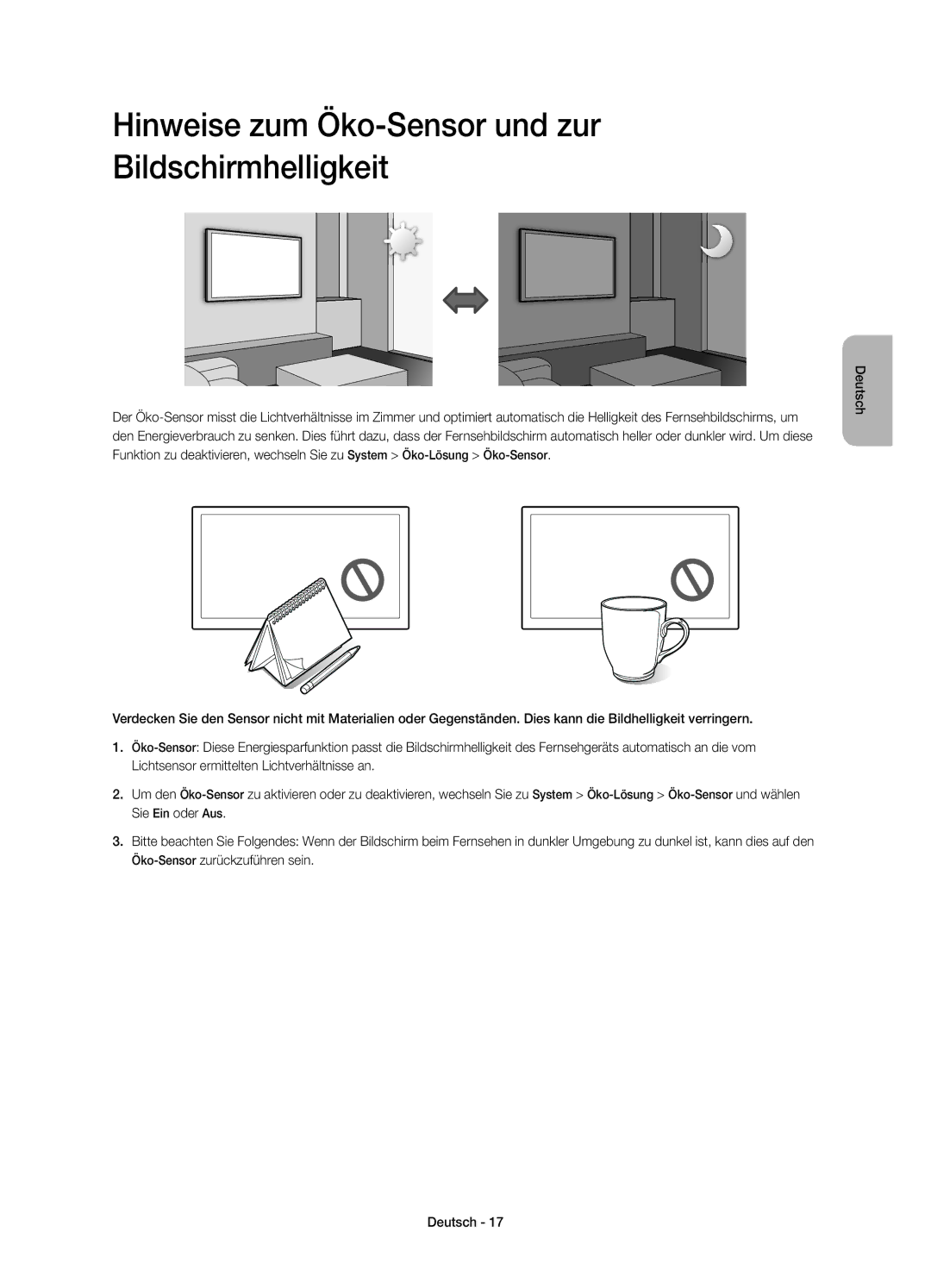 Samsung UE22H5600AWXZF, UE22H5610AWXZF manual Hinweise zum Öko-Sensor und zur Bildschirmhelligkeit 