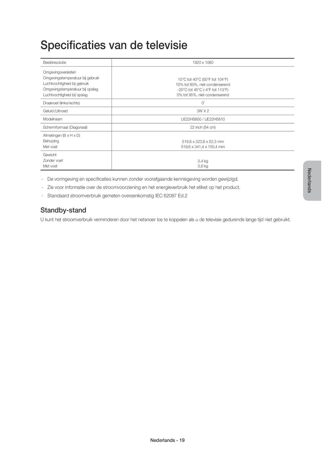 Samsung UE22H5600AWXZF, UE22H5610AWXZF manual Specificaties van de televisie, Standby-stand 