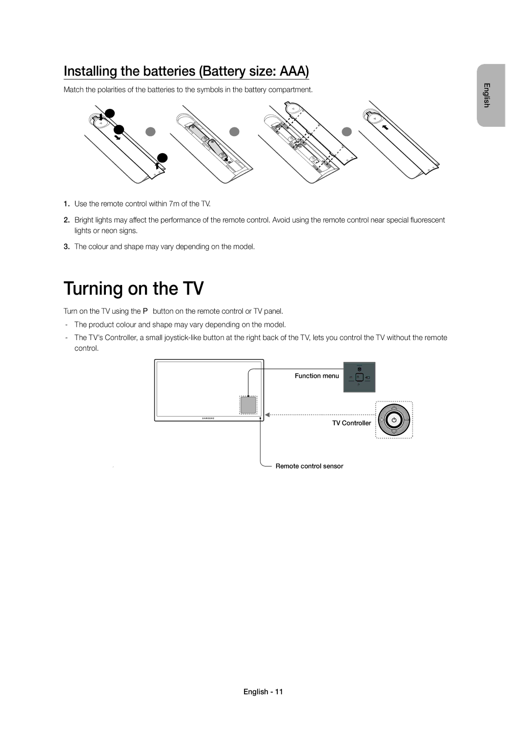 Samsung UE22H5610AYXZT manual Turning on the TV, Installing the batteries Battery size AAA 