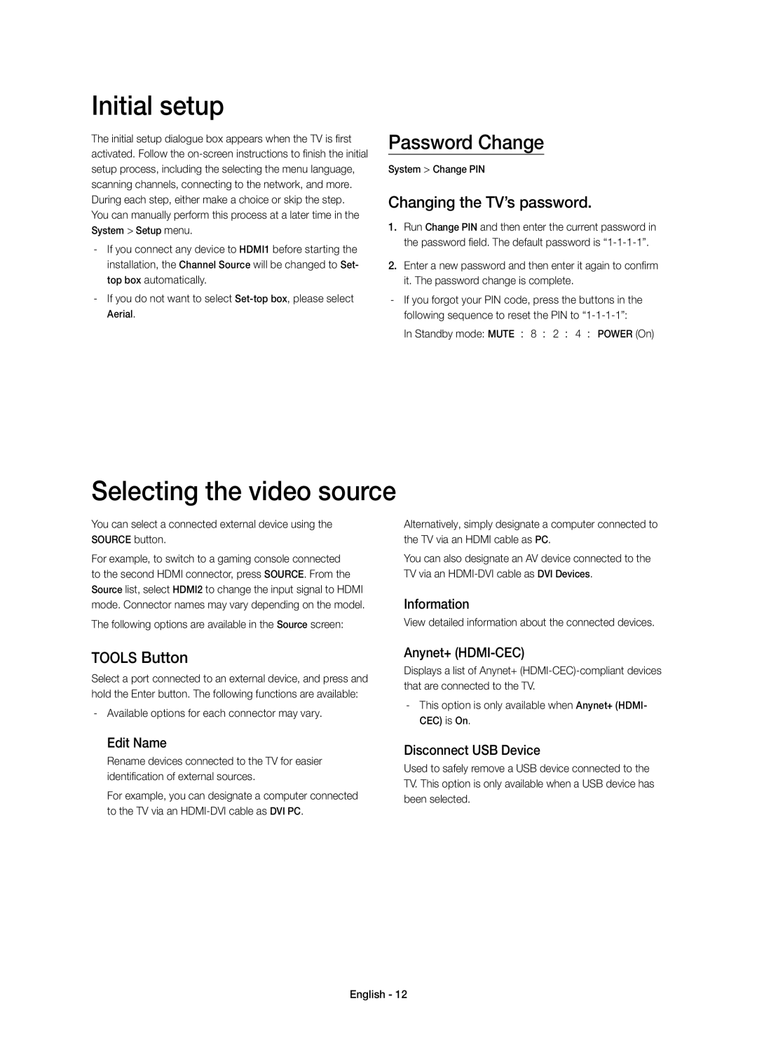 Samsung UE22H5610AYXZT manual Initial setup, Selecting the video source, Password Change, Changing the TV’s password 