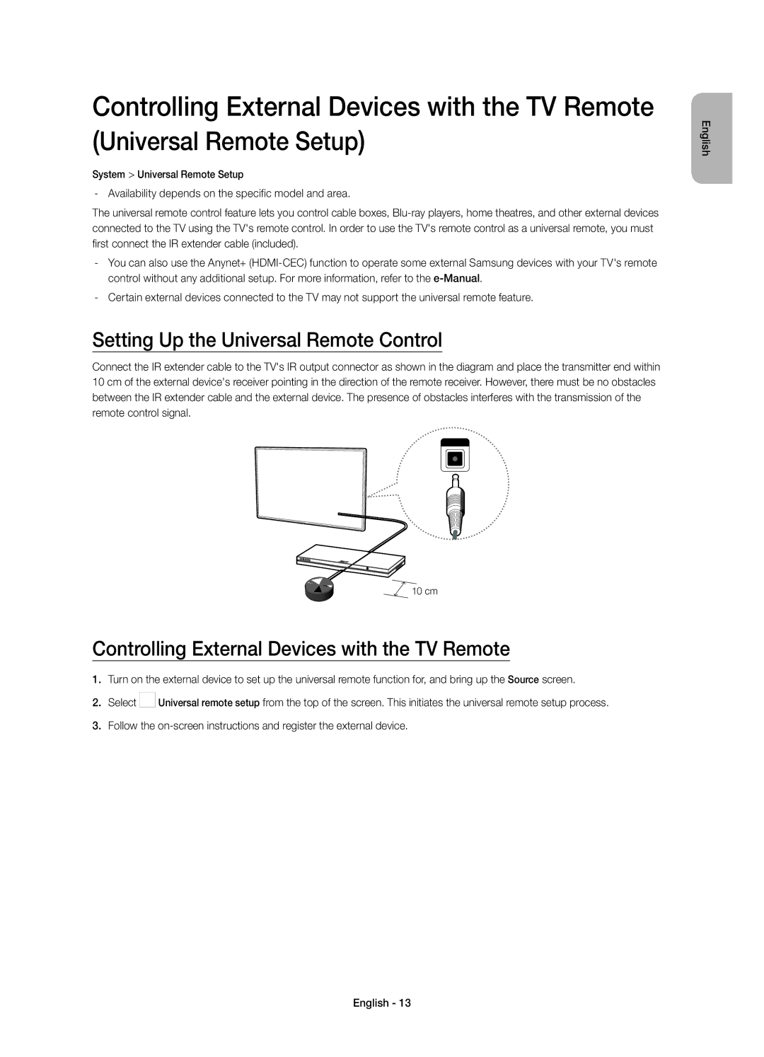 Samsung UE22H5610AYXZT manual Setting Up the Universal Remote Control, Controlling External Devices with the TV Remote 