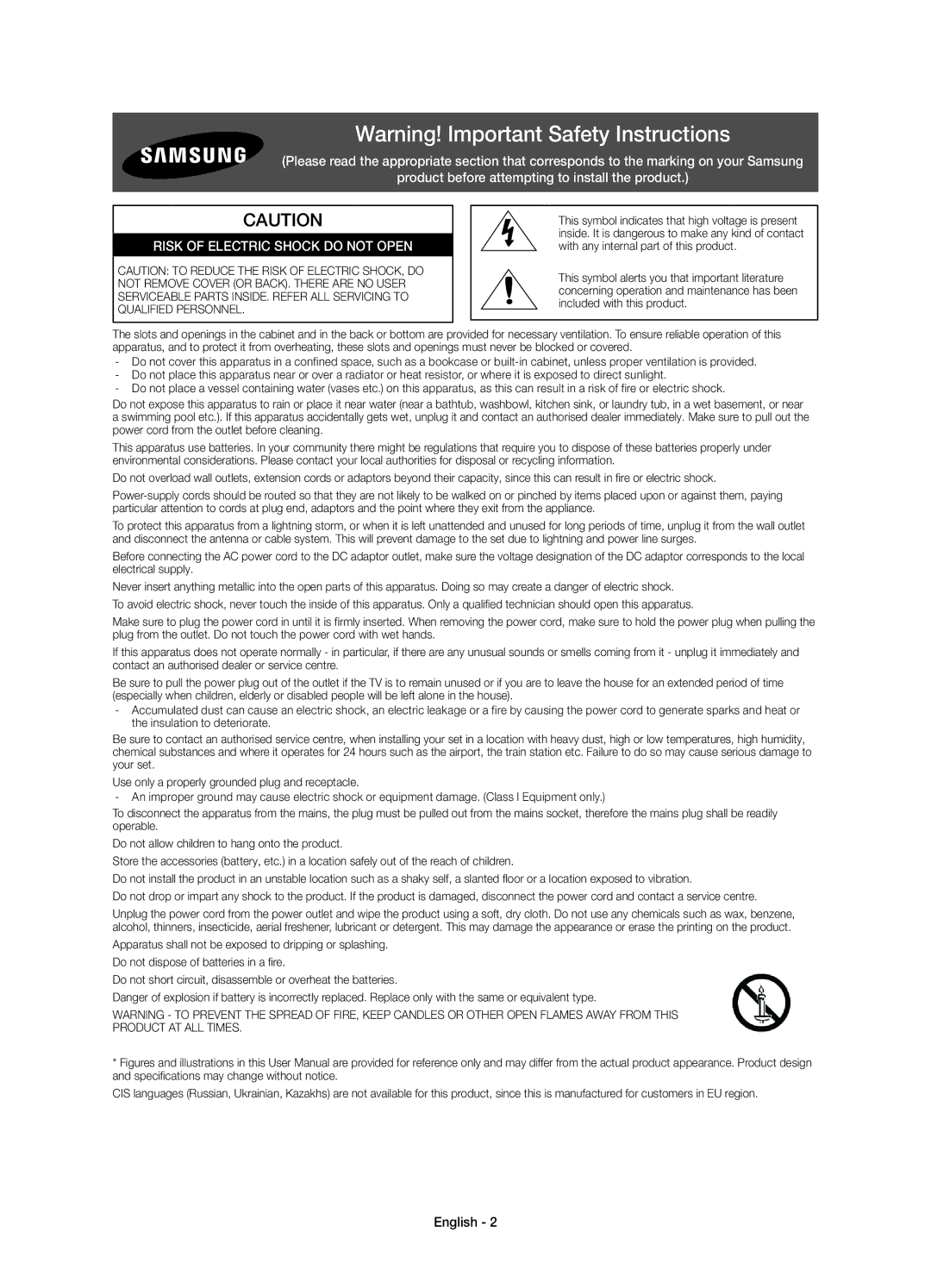 Samsung UE22H5610AYXZT manual Risk of Electric Shock do not Open 