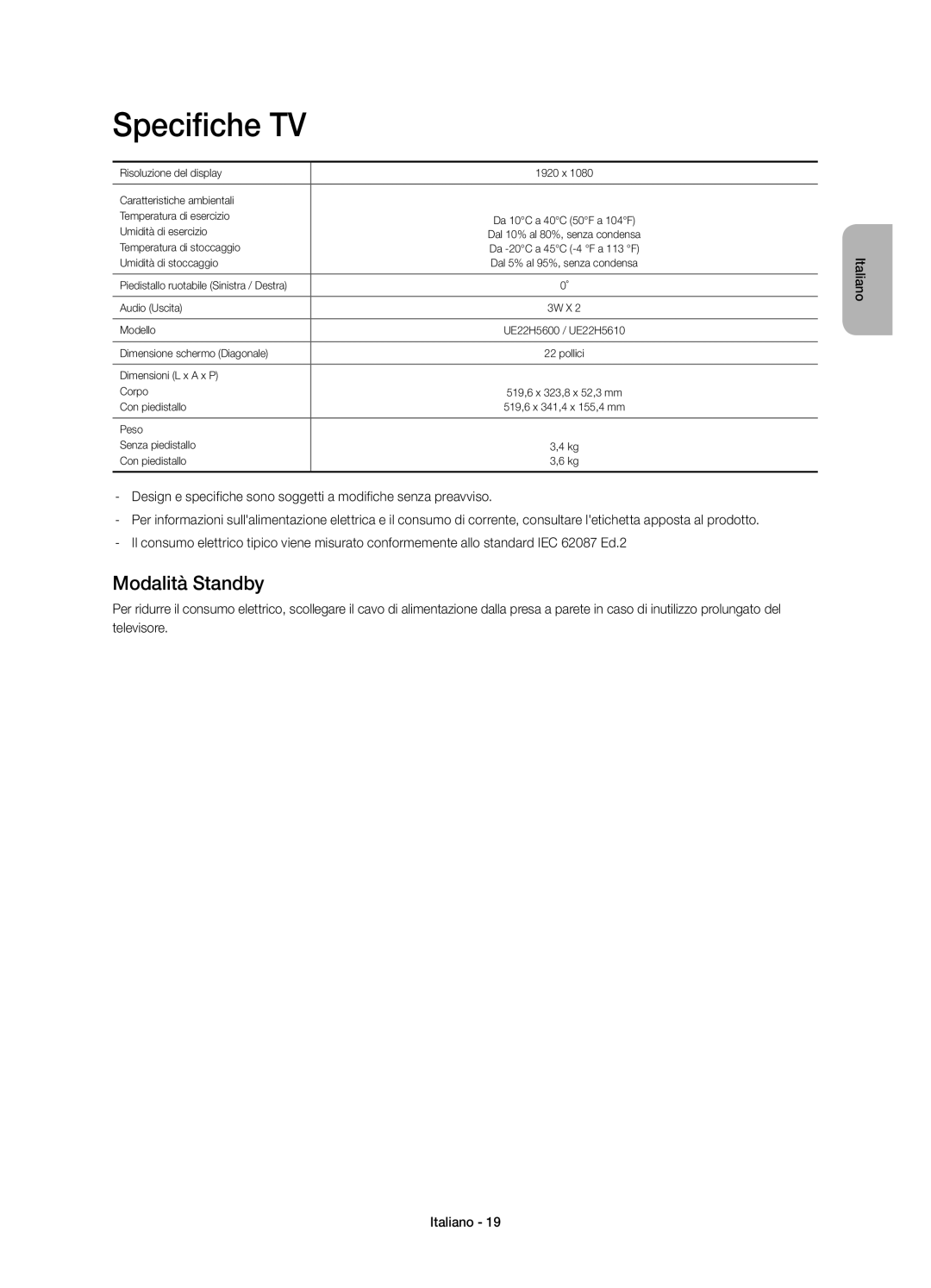 Samsung UE22H5610AYXZT manual Specifiche TV, Modalità Standby 