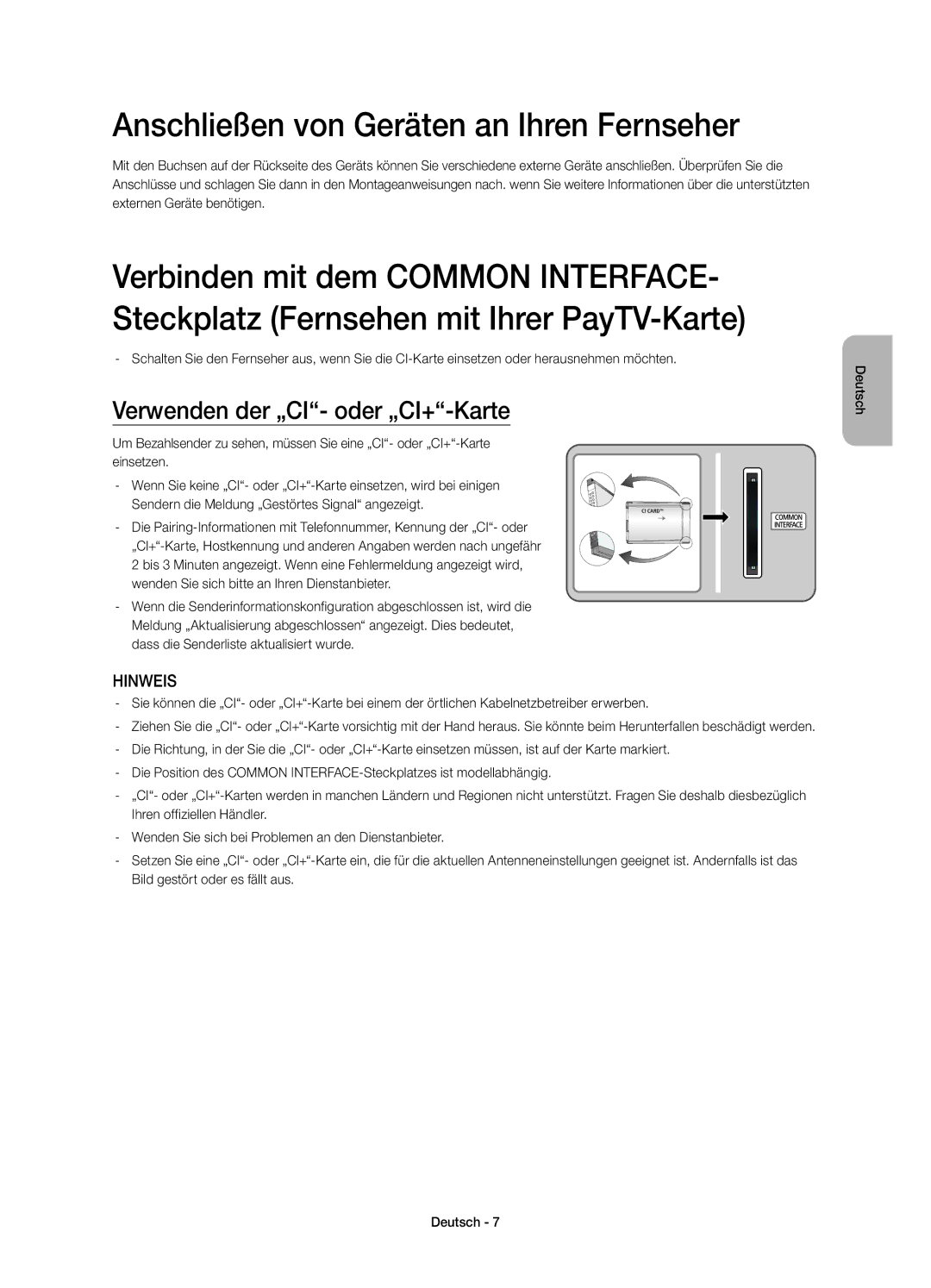 Samsung UE22H5610AYXZT manual Anschließen von Geräten an Ihren Fernseher, Verwenden der „CI- oder „CI+-Karte 