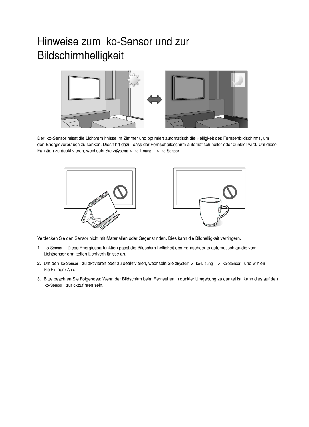 Samsung UE22H5610AYXZT manual Hinweise zum Öko-Sensor und zur Bildschirmhelligkeit 