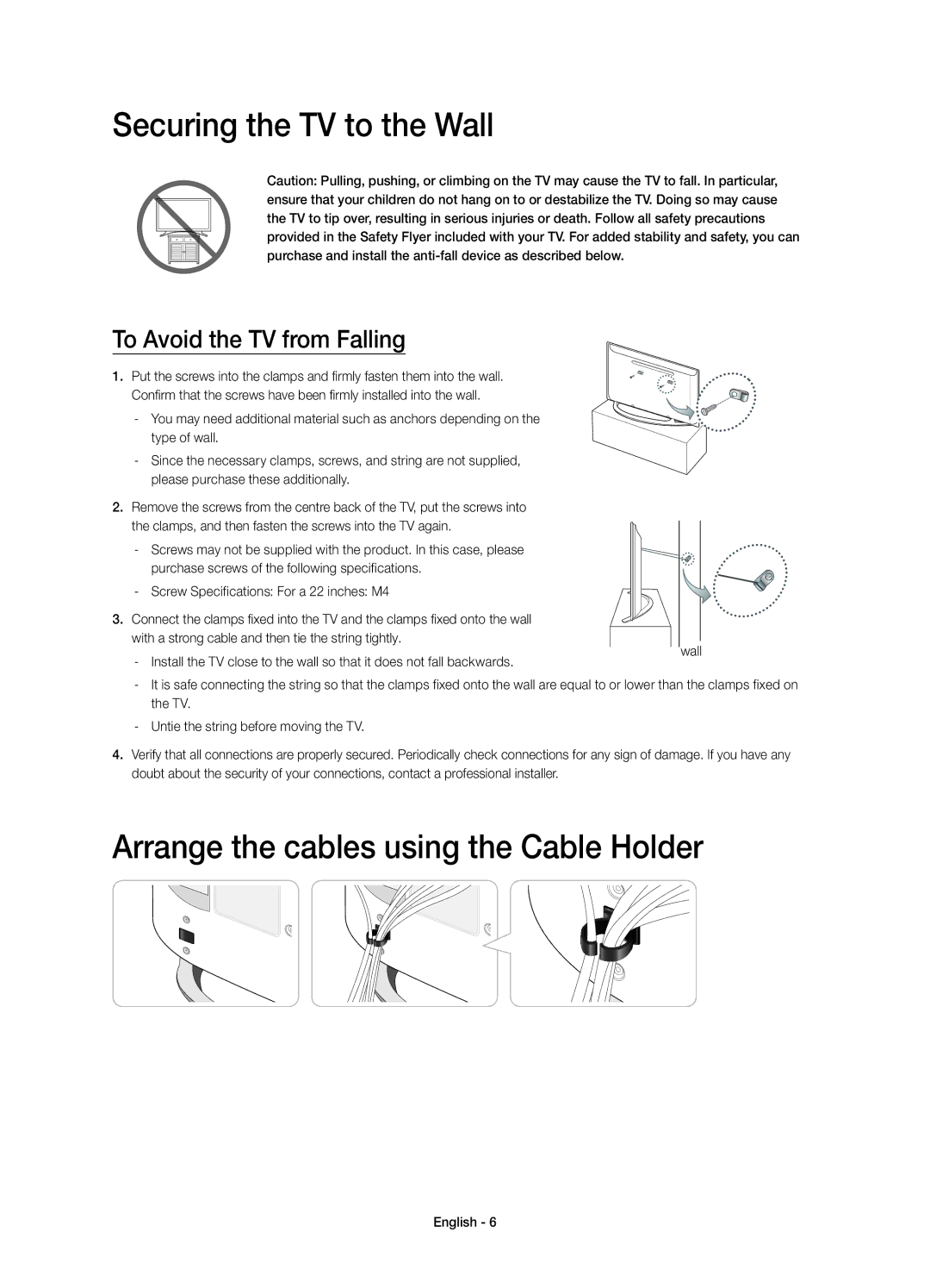 Samsung UE22H5610AYXZT manual Securing the TV to the Wall, Arrange the cables using the Cable Holder 