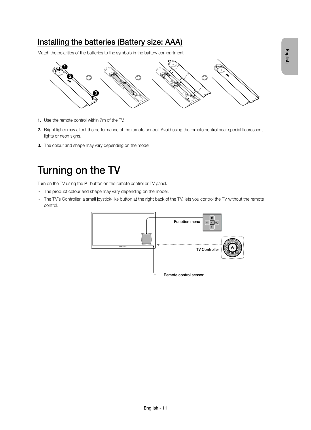 Samsung UE22H5605AKXXE, UE22H5615AKXXE manual Turning on the TV, Installing the batteries Battery size AAA 