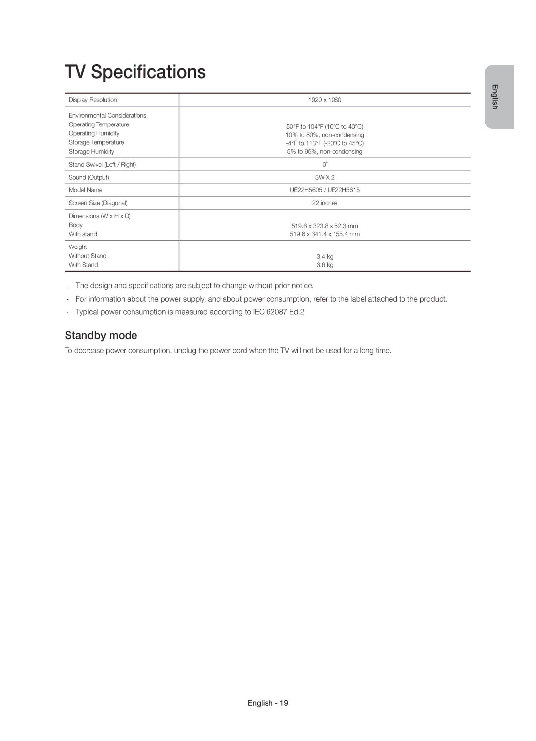 Samsung UE22H5605AKXXE, UE22H5615AKXXE manual TV Specifications, Standby mode 