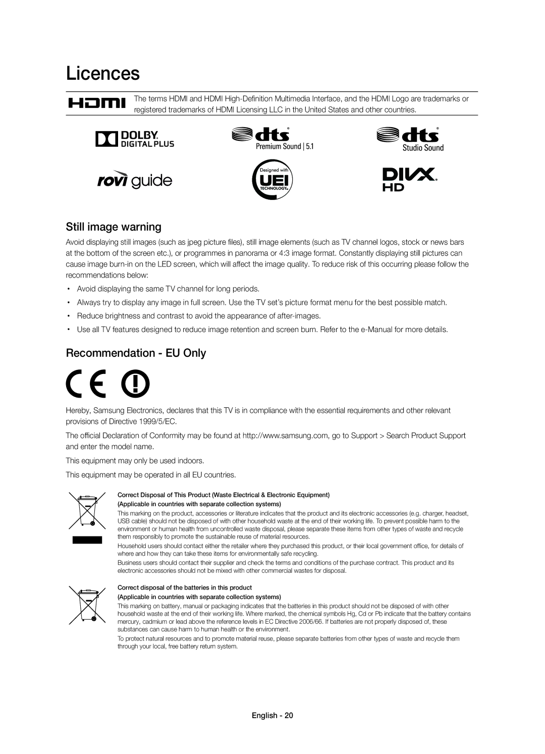 Samsung UE22H5615AKXXE, UE22H5605AKXXE manual Licences, Still image warning, Recommendation EU Only 