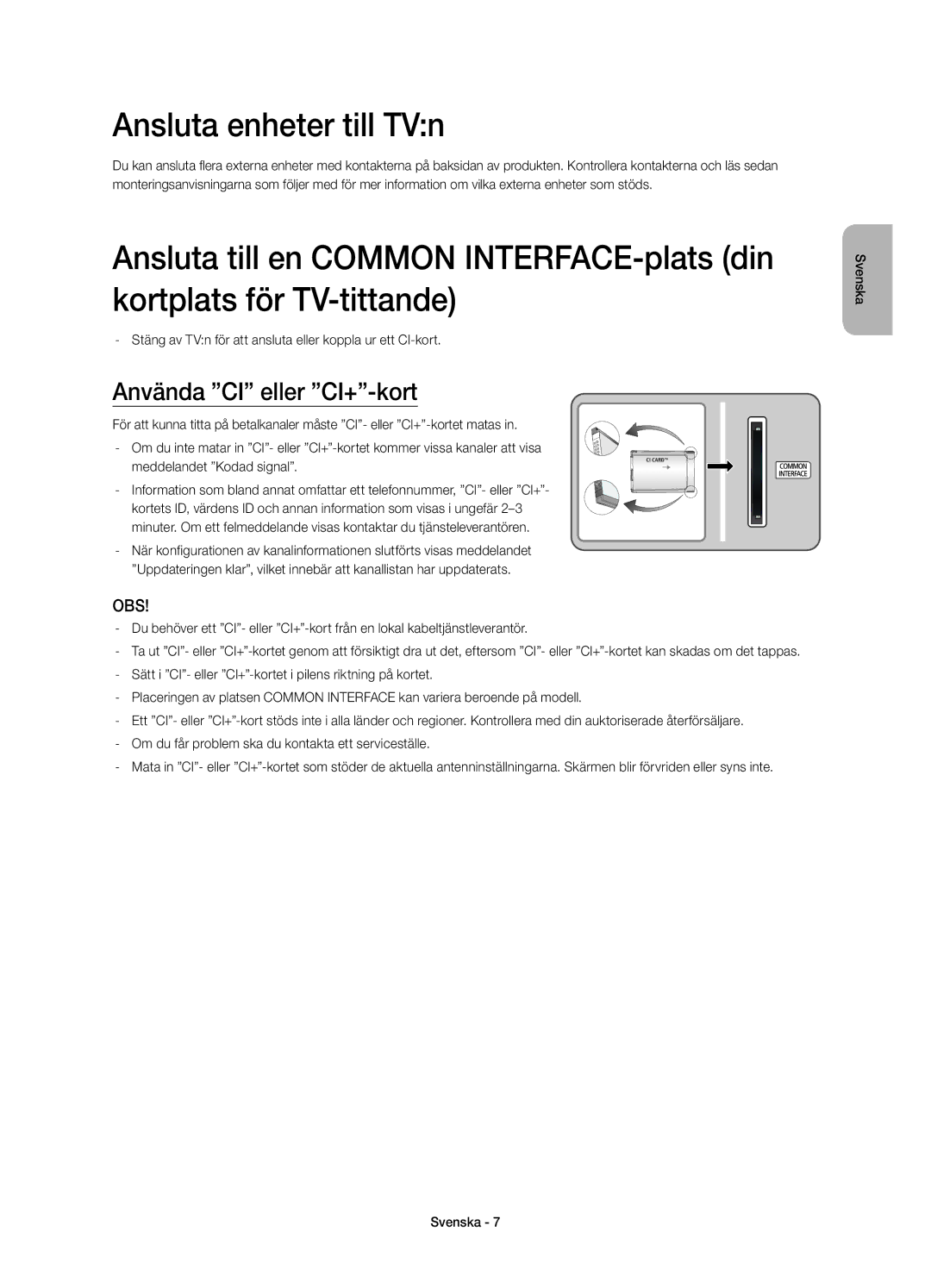 Samsung UE22H5605AKXXE, UE22H5615AKXXE manual Ansluta enheter till TVn, Använda CI eller CI+-kort 