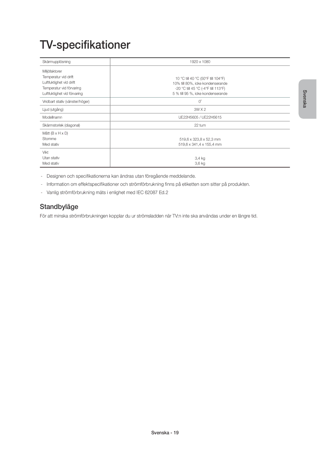 Samsung UE22H5605AKXXE, UE22H5615AKXXE manual TV-specifikationer, Standbyläge 