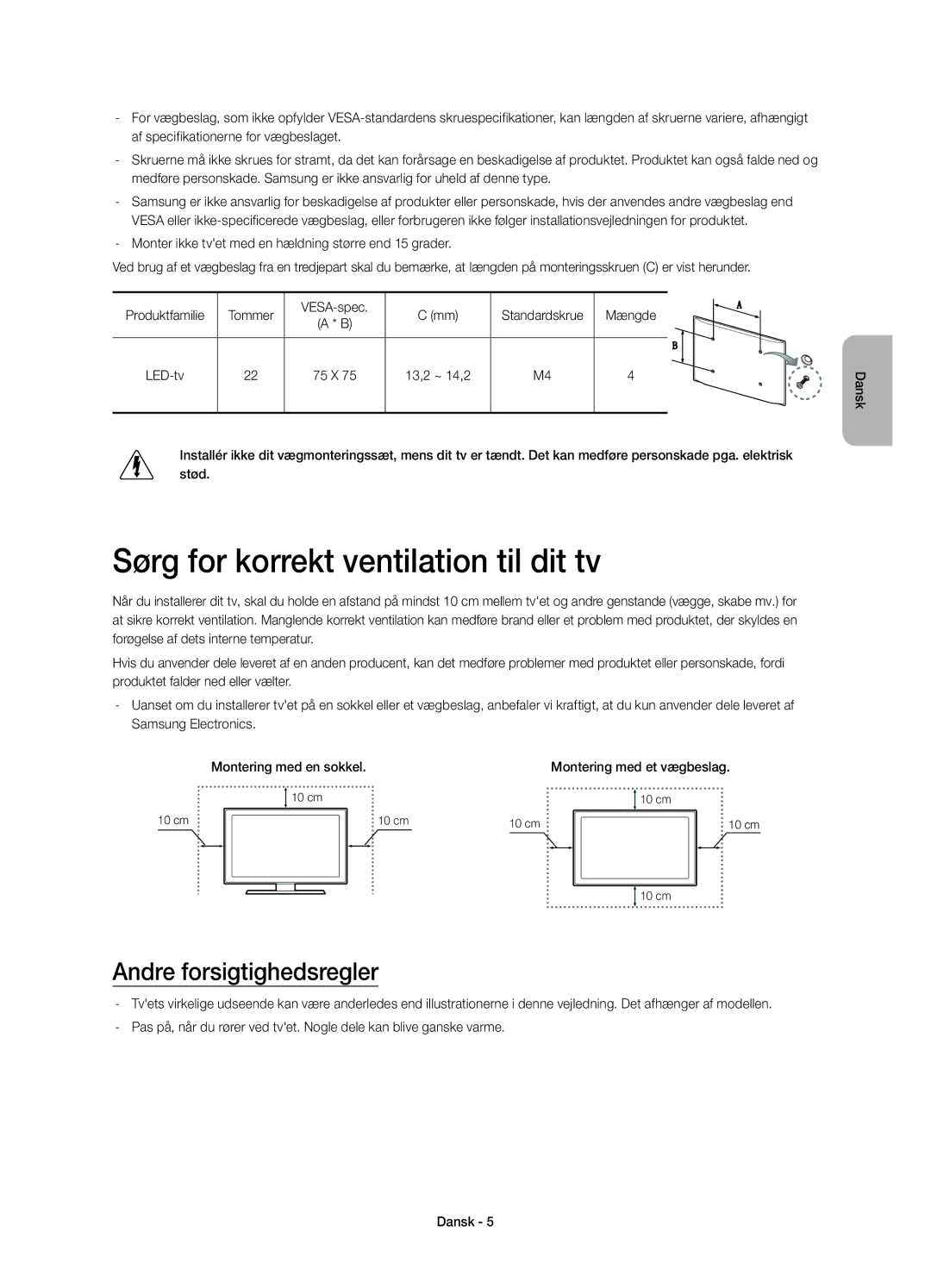 Samsung UE22H5605AKXXE, UE22H5615AKXXE Sørg for korrekt ventilation til dit tv, Andre forsigtighedsregler, 13,2 ~ 14,2 