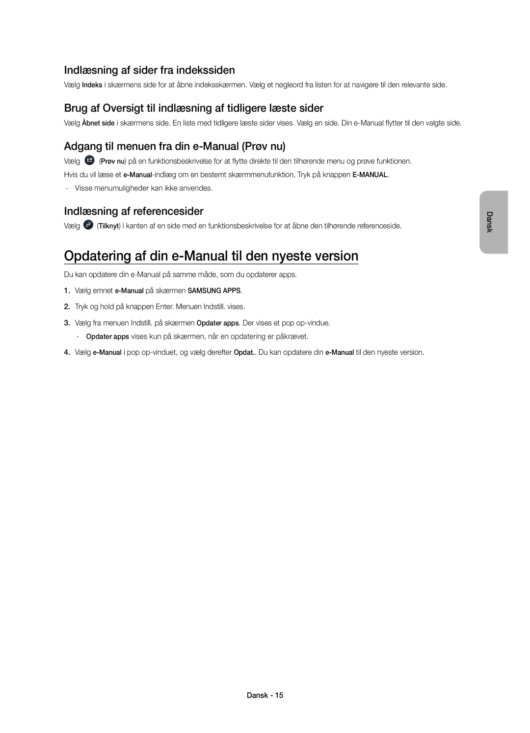 Samsung UE22H5605AKXXE manual Opdatering af din e-Manual til den nyeste version, Indlæsning af sider fra indekssiden 