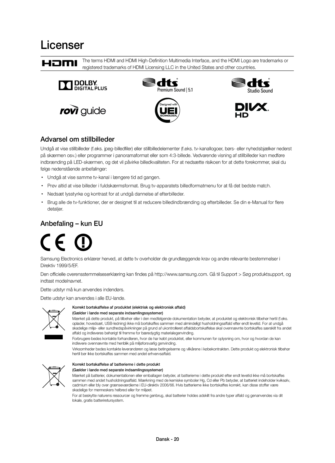 Samsung UE22H5615AKXXE, UE22H5605AKXXE manual Licenser, Anbefaling kun EU 