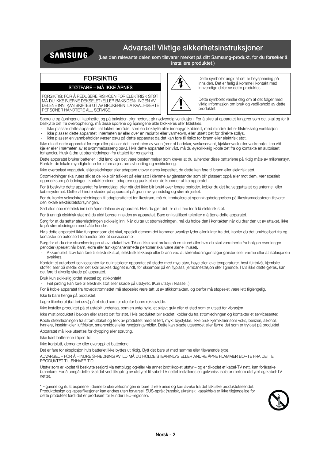 Samsung UE22H5615AKXXE, UE22H5605AKXXE manual Forsiktig, Norsk 