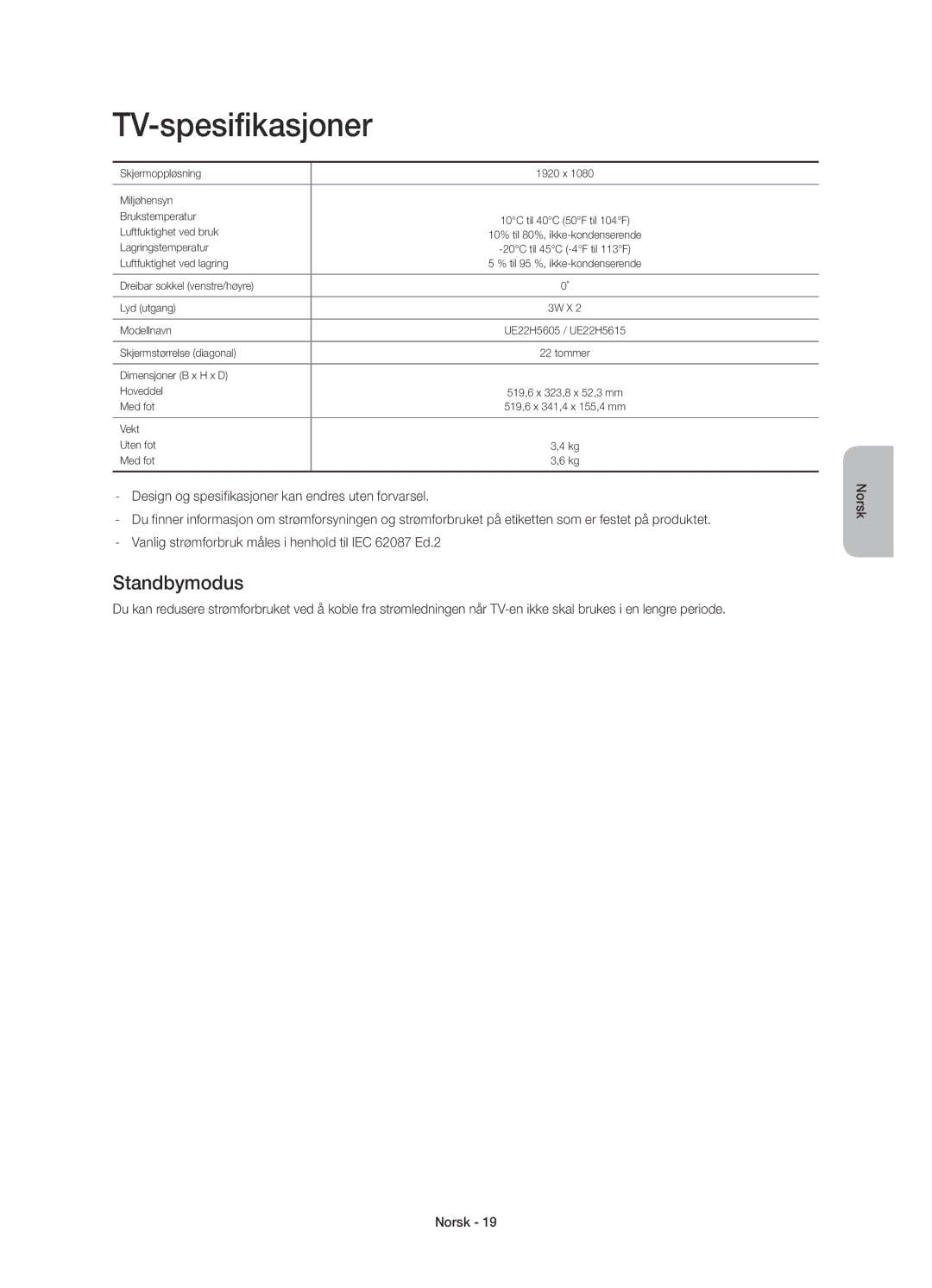 Samsung UE22H5605AKXXE, UE22H5615AKXXE manual TV-spesifikasjoner, Standbymodus 