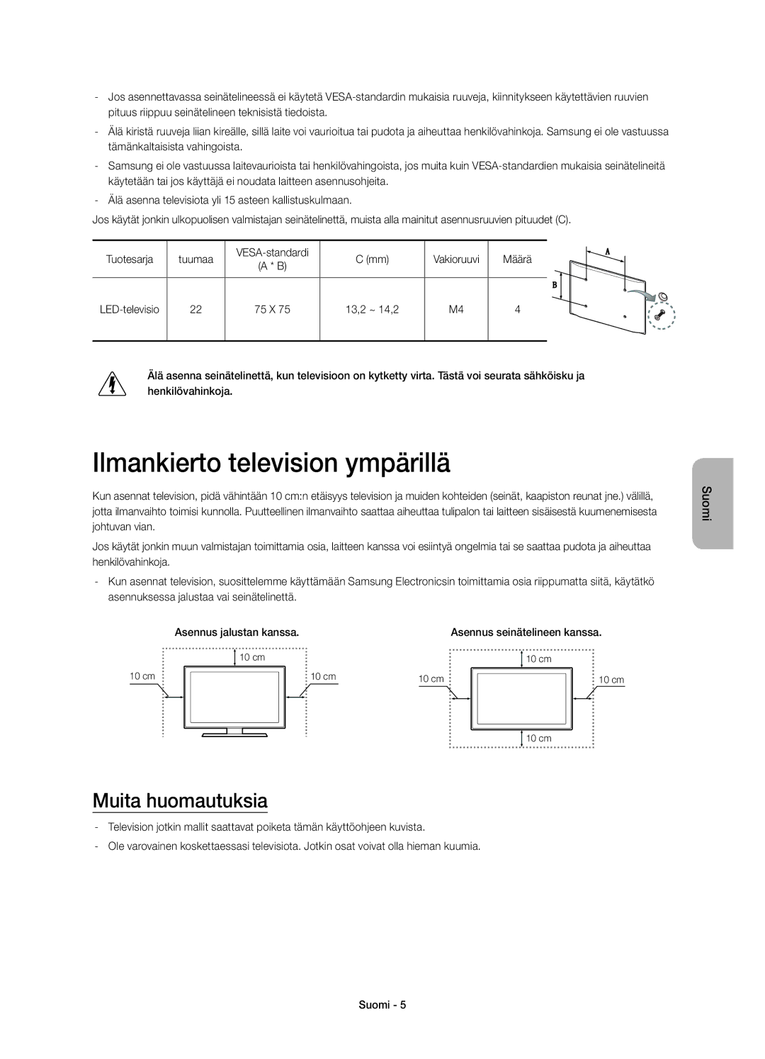 Samsung UE22H5605AKXXE, UE22H5615AKXXE manual Ilmankierto television ympärillä, Muita huomautuksia 