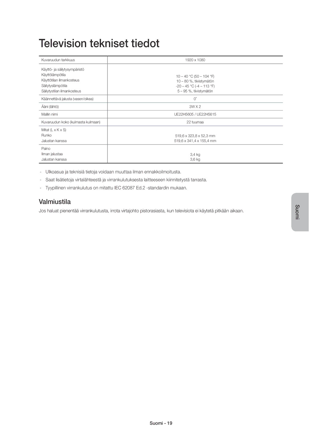 Samsung UE22H5605AKXXE, UE22H5615AKXXE manual Television tekniset tiedot, Valmiustila 