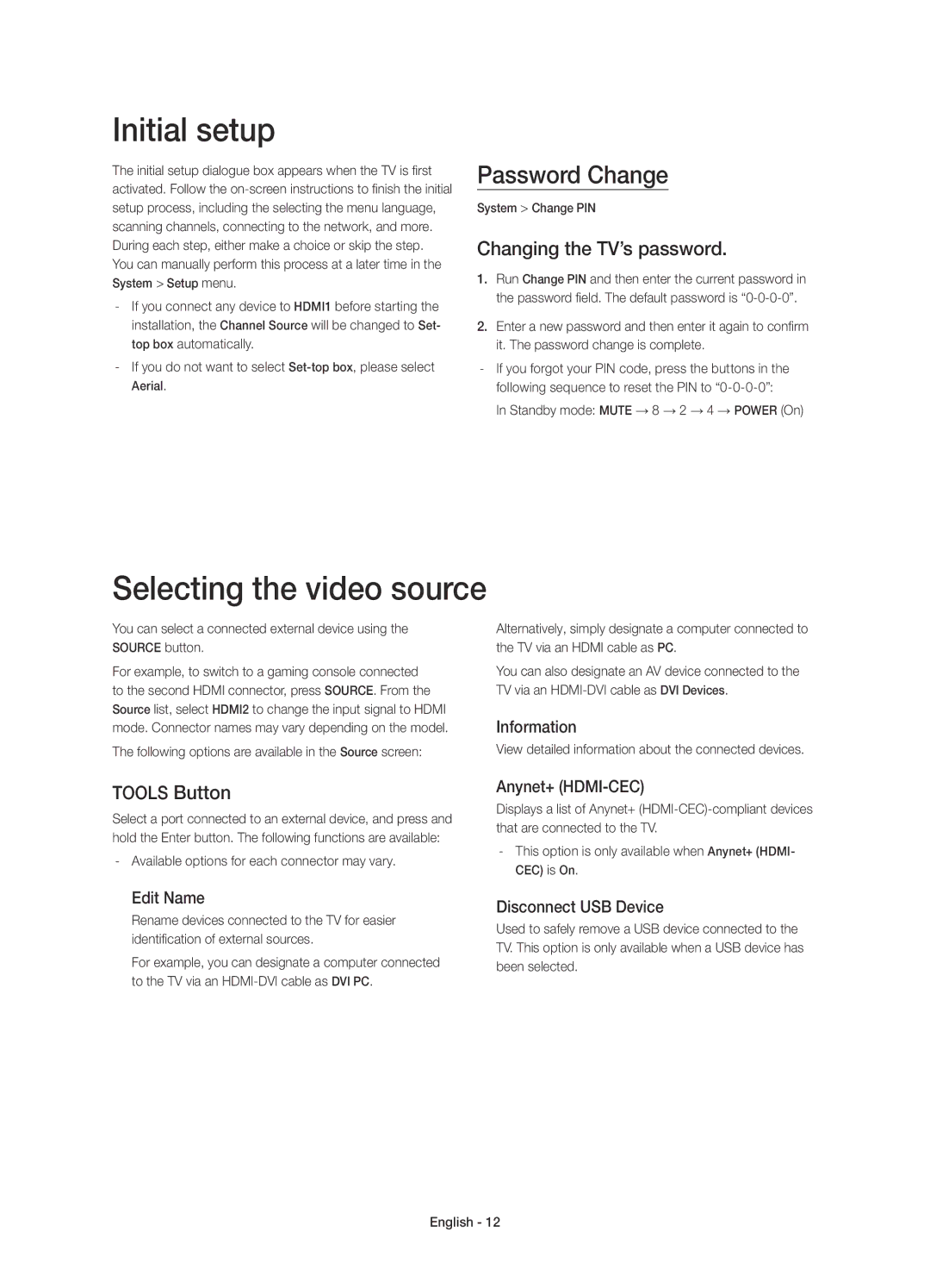 Samsung UE22H5670SSXZG manual Initial setup, Selecting the video source, Password Change, Changing the TV’s password 