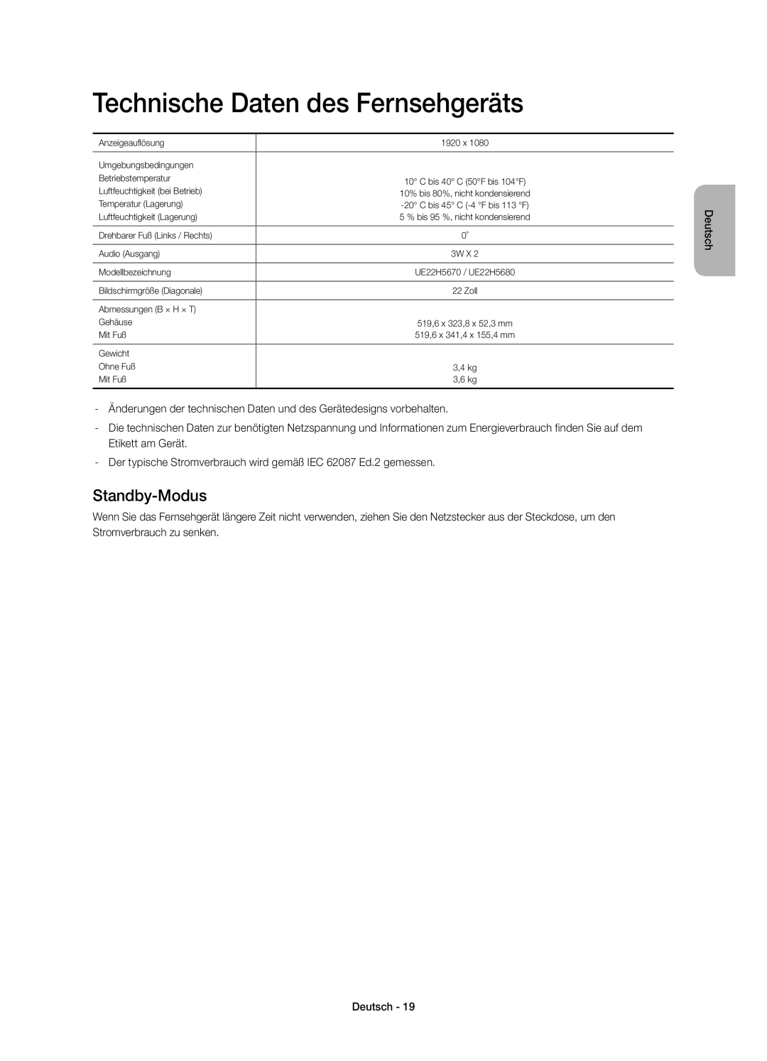 Samsung UE22H5680SSXZG, UE22H5670SSXZG manual Technische Daten des Fernsehgeräts, Standby-Modus 