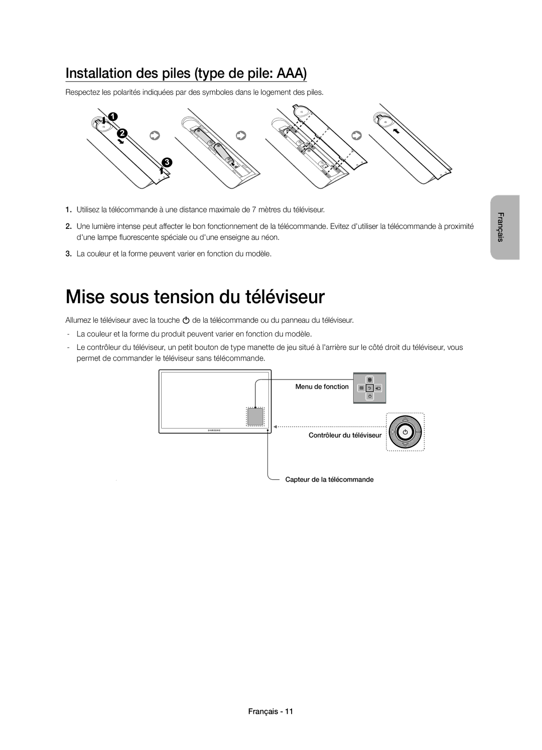 Samsung UE22H5680SSXZG, UE22H5670SSXZG manual Mise sous tension du téléviseur, Installation des piles type de pile AAA 