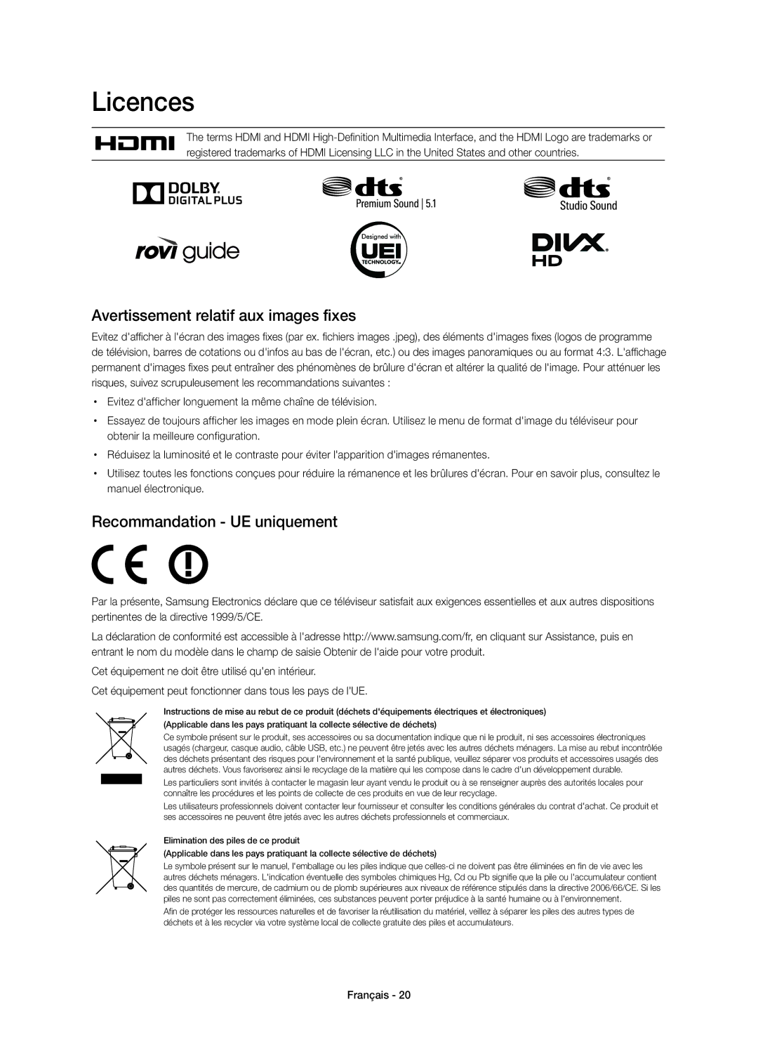 Samsung UE22H5670SSXZG, UE22H5680SSXZG manual Avertissement relatif aux images fixes, Recommandation UE uniquement 