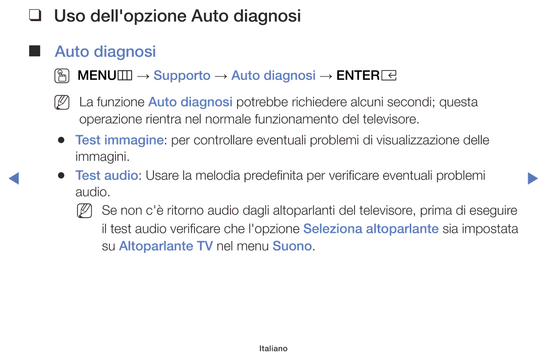 Samsung UE32K5100AWXXH, UE22K5000AKXZG manual Uso dellopzione Auto diagnosi, OO MENUm → Supporto → Auto diagnosi → Entere 