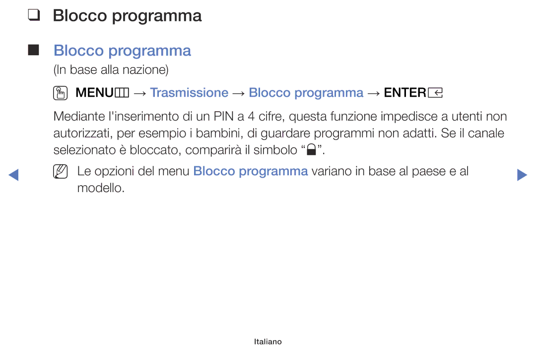 Samsung UE32K4100AWXXH, UE22K5000AKXZG, UE32K5100AWXXH manual OO MENUm → Trasmissione → Blocco programma → Entere 