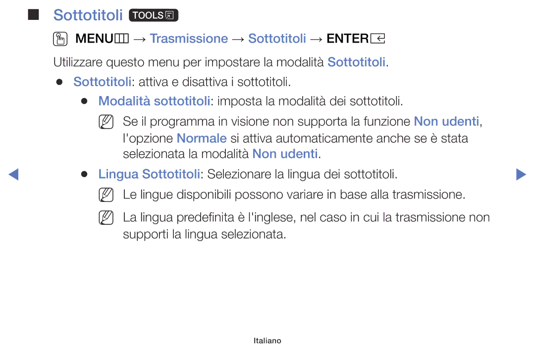 Samsung UE32K5100AKXZT, UE22K5000AKXZG, UE32K4100AWXXH manual Sottotitoli t, OO MENUm → Trasmissione → Sottotitoli → Entere 