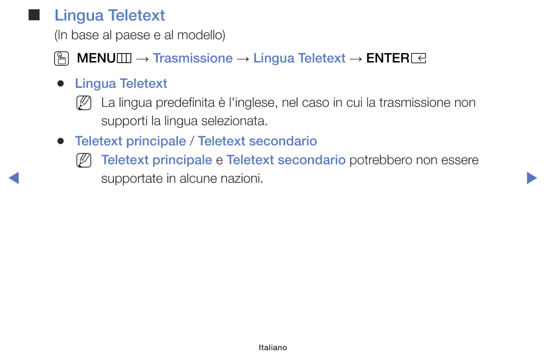 Samsung UE32K5100AWXXH, UE22K5000AKXZG, UE32K4100AWXXH manual OO MENUm → Trasmissione → Lingua Teletext → Entere 