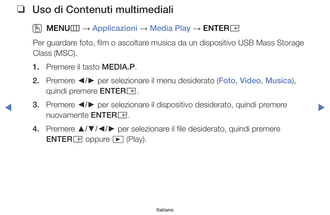 Samsung UE49K5100AKXZT, UE22K5000AKXZG manual Uso di Contenuti multimediali, OO MENUm → Applicazioni → Media Play → Entere 