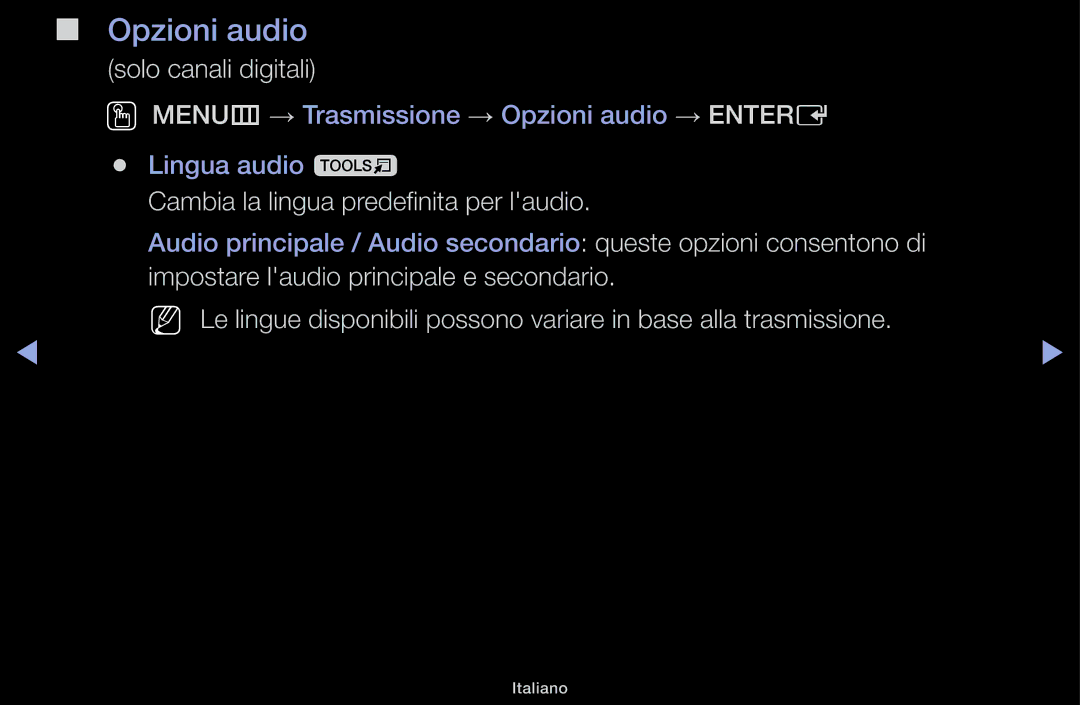 Samsung UE32J4000AKXZT, UE22K5000AWXXH, UE40J5100AKXZT manual Opzioni audio, Cambia la lingua predefinita per laudio 