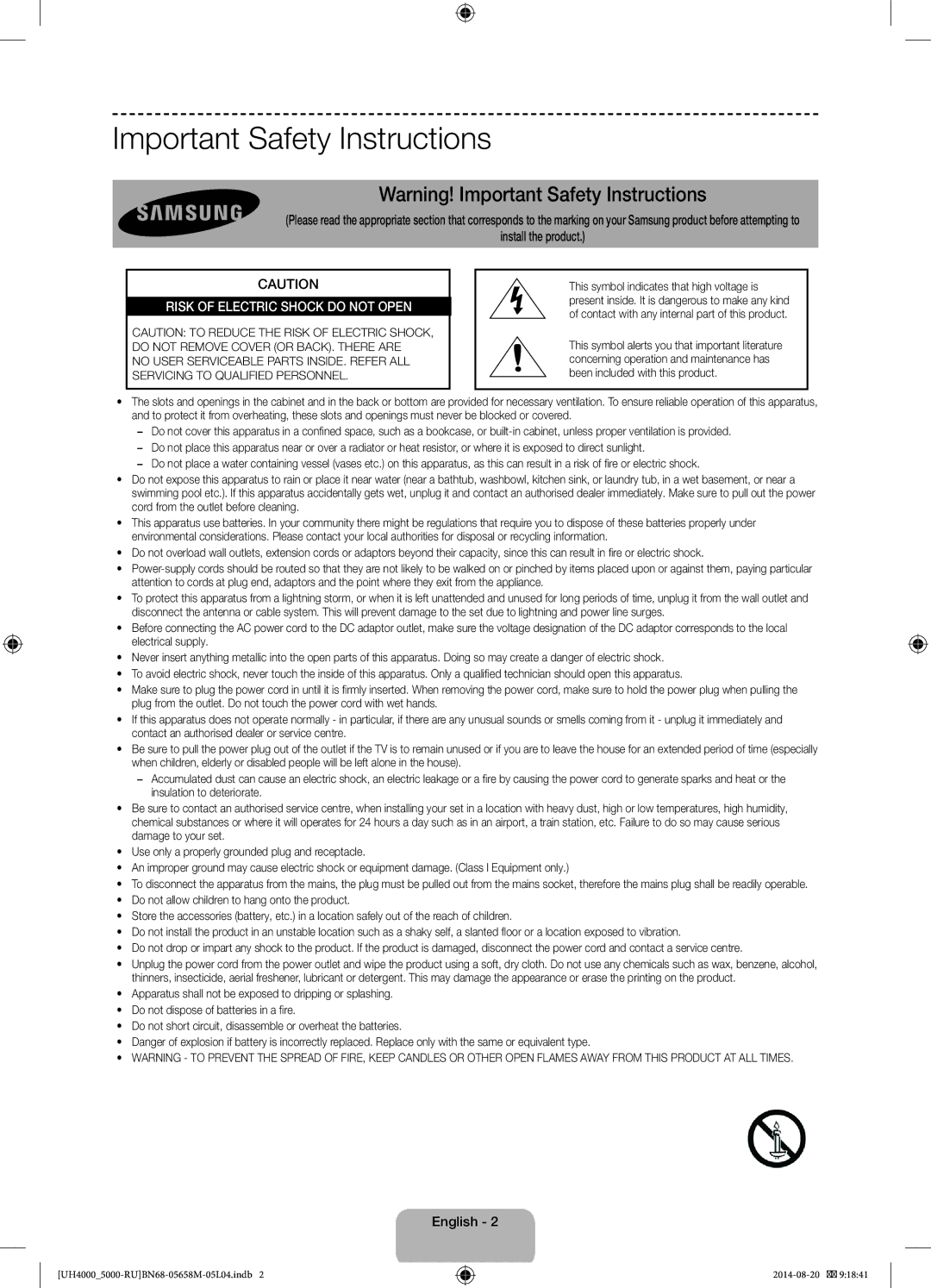 Samsung UE24H4070AUXRU manual Important Safety Instructions, English 