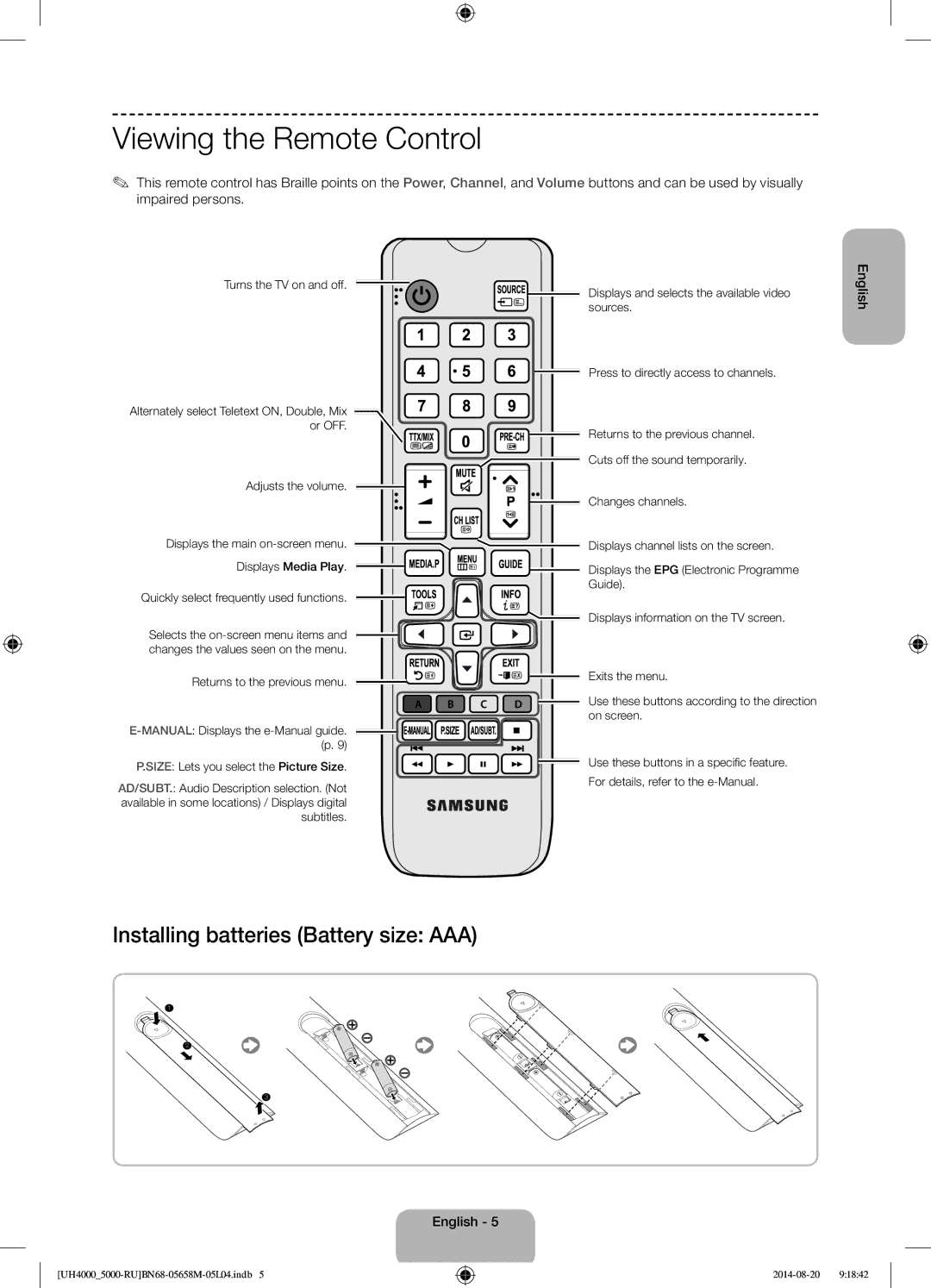 Samsung UE24H4070AUXRU manual Viewing the Remote Control, Turns the TV on and off, Adjusts the volume 