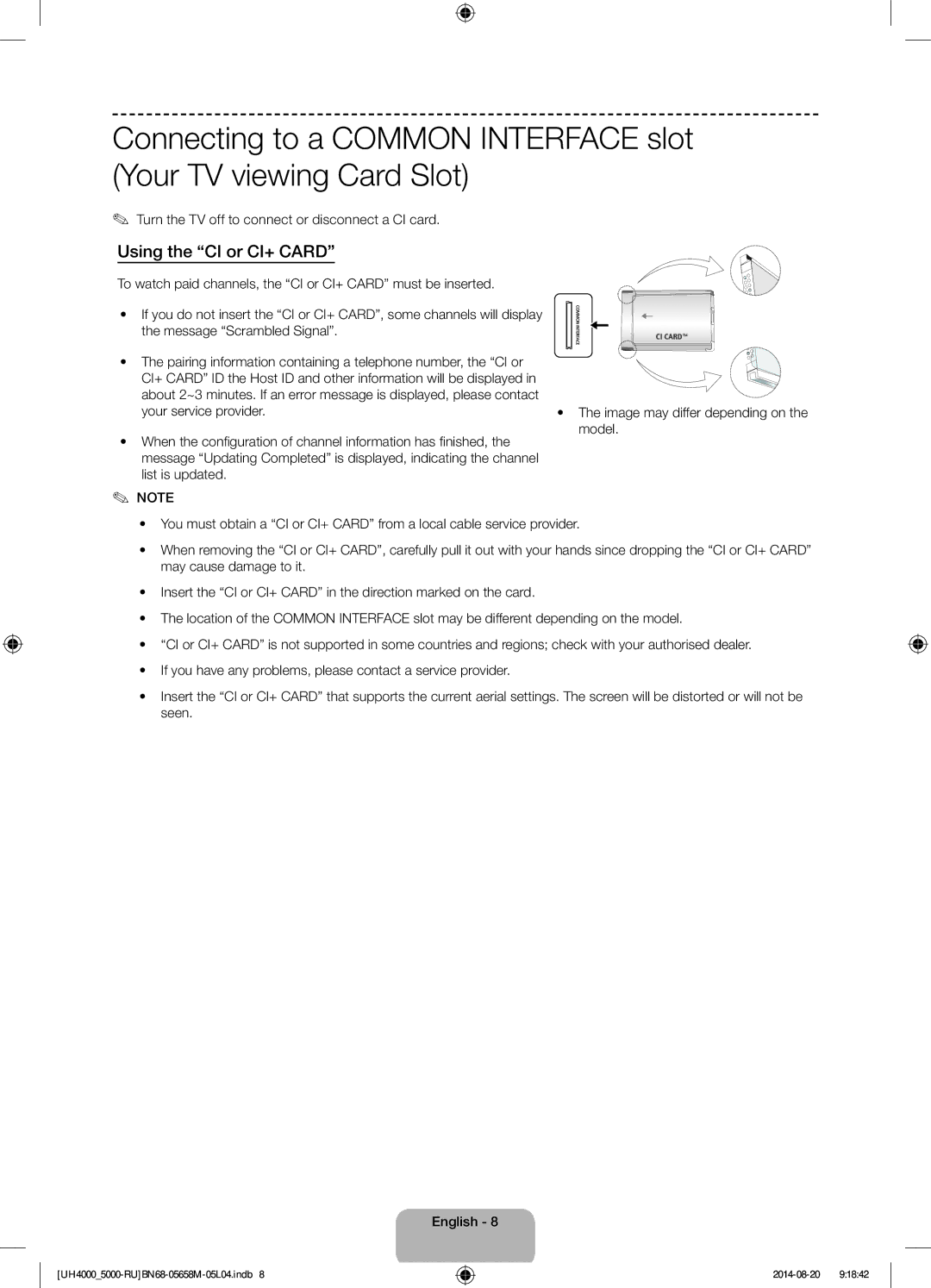 Samsung UE24H4070AUXRU Using the CI or CI+ Card, Turn the TV off to connect or disconnect a CI card, Your service provider 