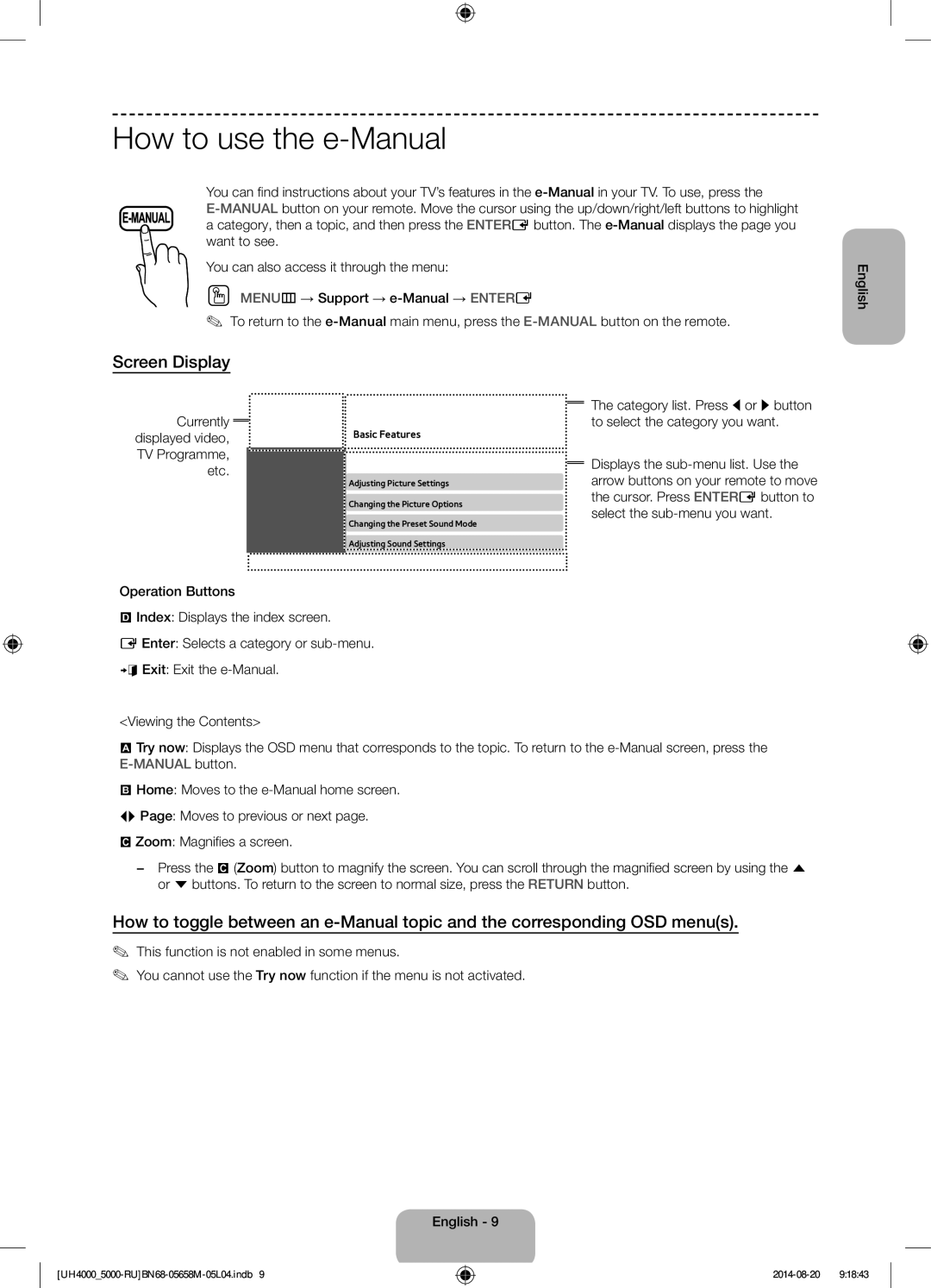 Samsung UE24H4070AUXRU manual How to use the e-Manual, Screen Display, Currently, TV Programme, Etc 