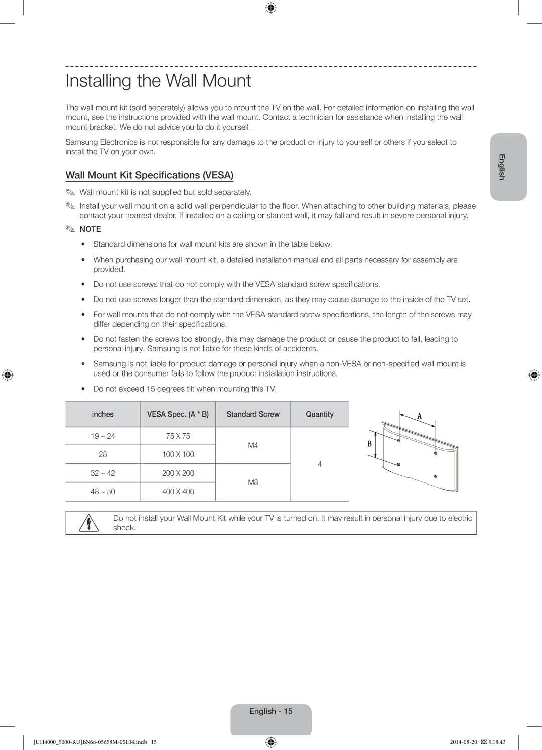 Samsung UE24H4070AUXRU manual Installing the Wall Mount, Wall Mount Kit Specifications Vesa, Standard Screw Quantity 