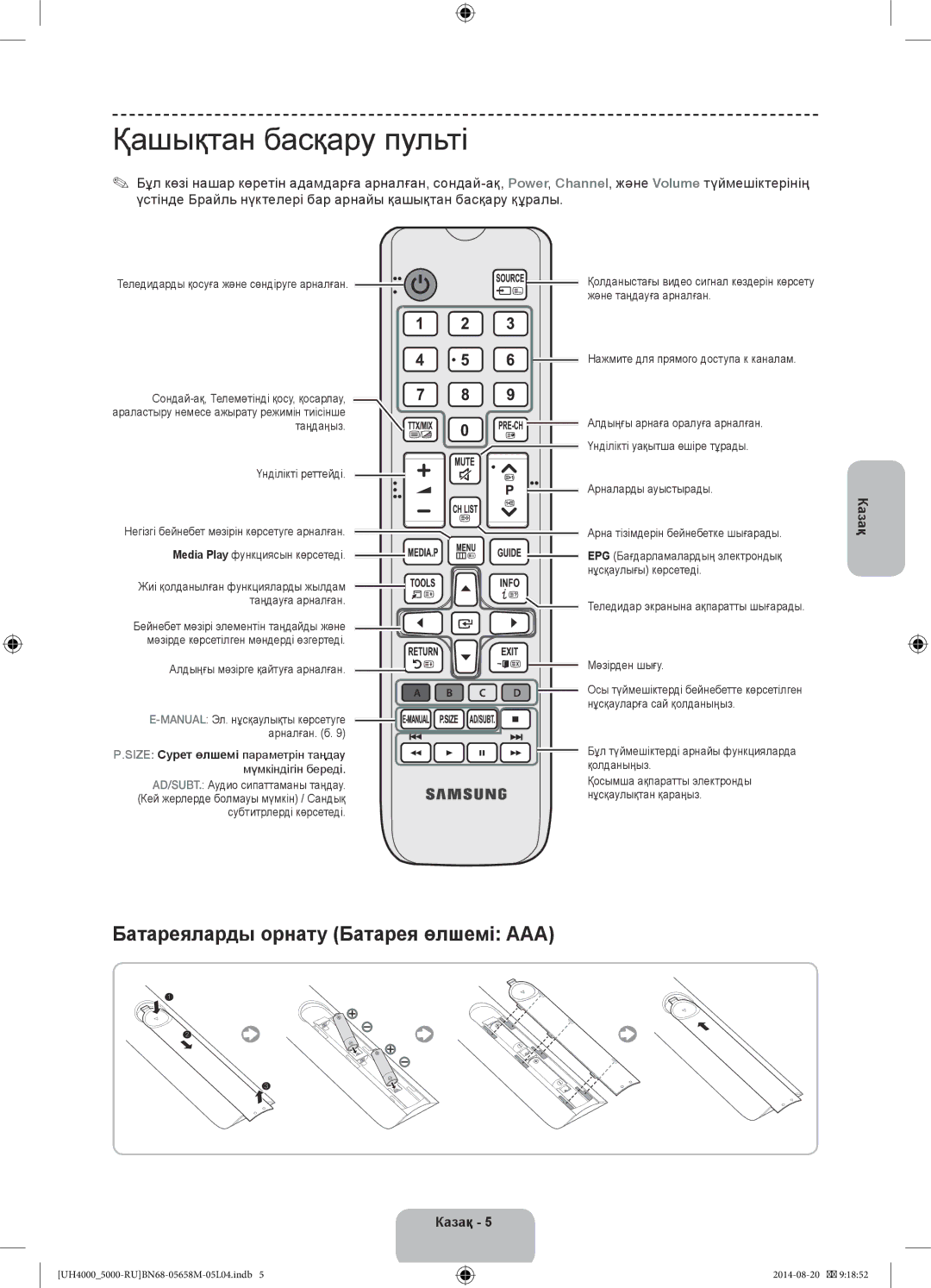 Samsung UE24H4070AUXRU manual Қашықтан басқару пульті 