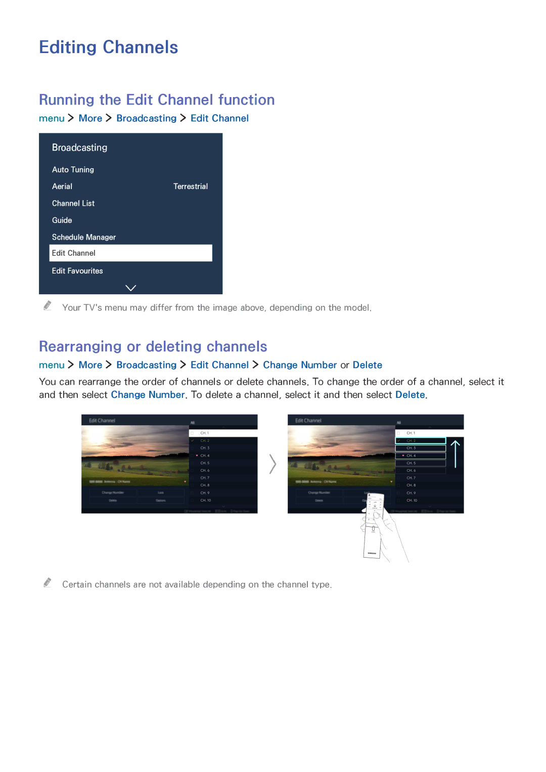 Samsung UE32LS001AUXZF manual Editing Channels, Running the Edit Channel function, Rearranging or deleting channels 