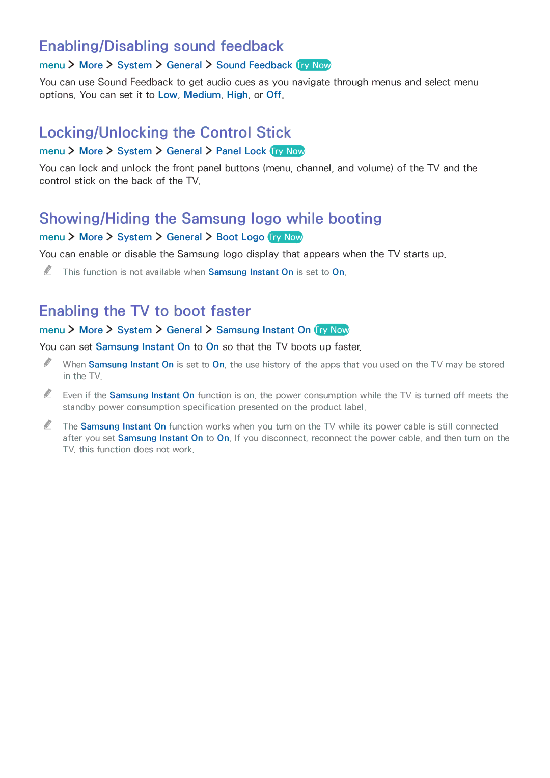 Samsung UE40LS001CUXXU, UE24LS001AUXZG manual Enabling/Disabling sound feedback, Locking/Unlocking the Control Stick 