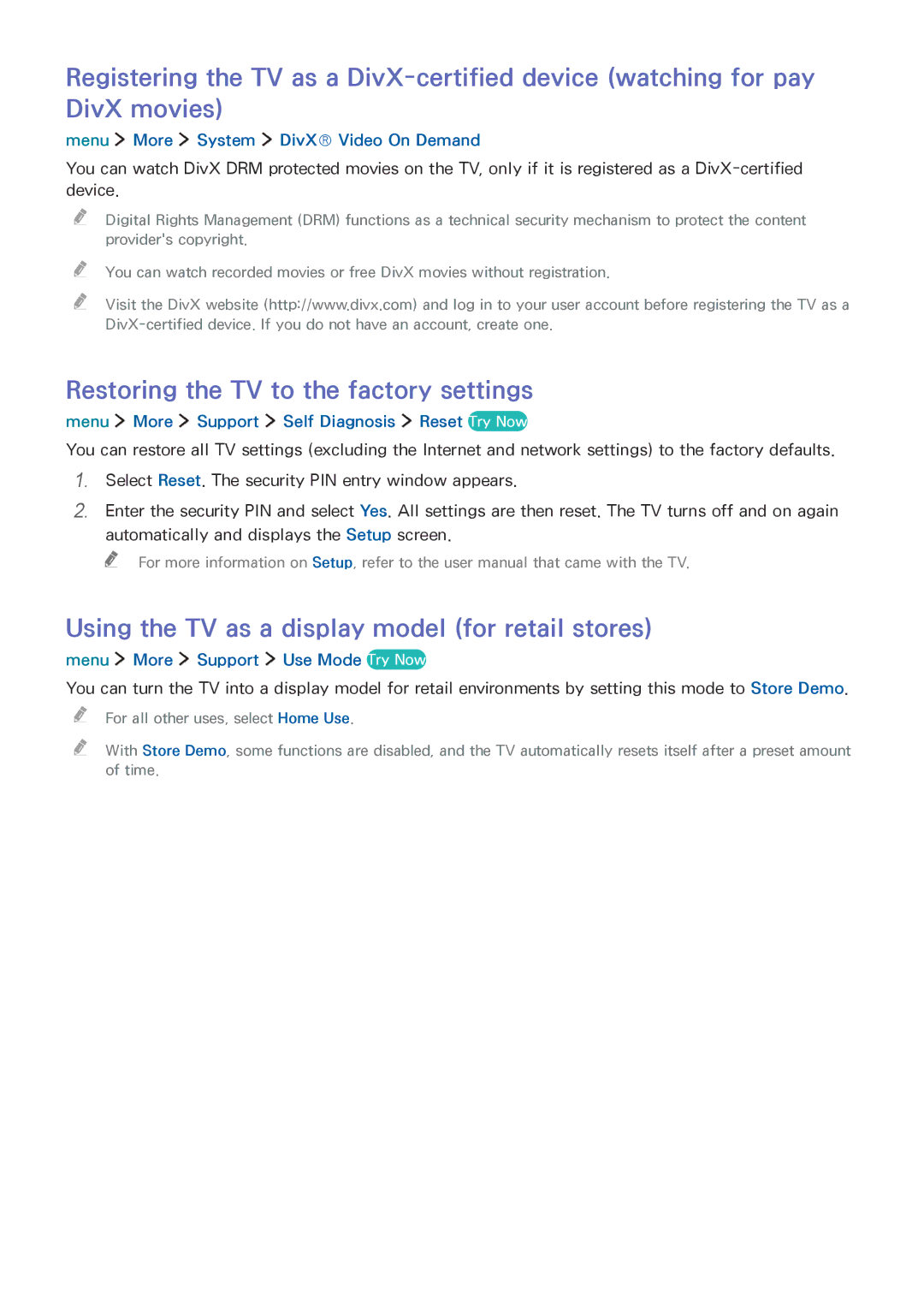 Samsung UE40LS001CUXXE manual Restoring the TV to the factory settings, Using the TV as a display model for retail stores 