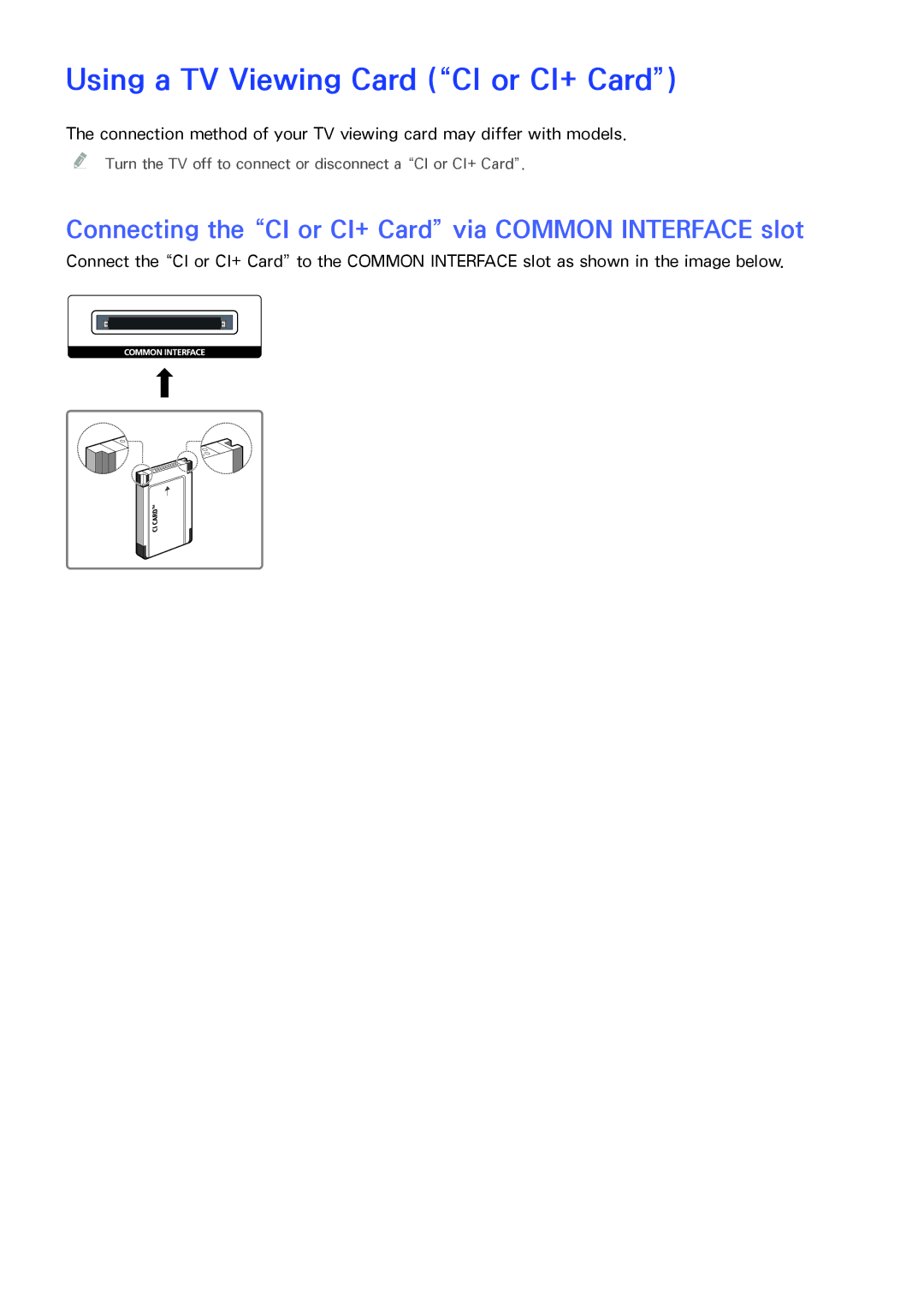 Samsung UE40LS001AUXXE Using a TV Viewing Card CI or CI+ Card, Connecting the CI or CI+ Card via Common Interface slot 