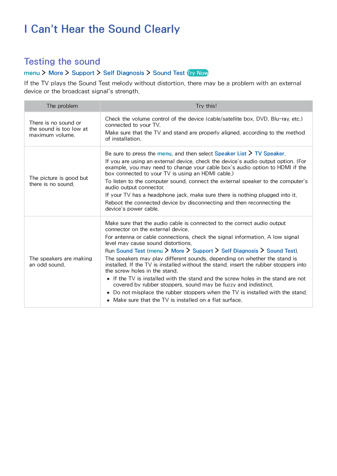 Samsung UE32LS001FUXXE Cant Hear the Sound Clearly, Testing the sound, Menu More Support Self Diagnosis Sound Test Try Now 